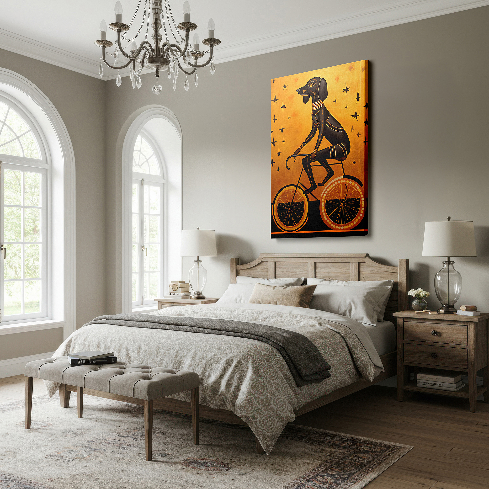 Displayed above a contemporary leather sofa in warm light — whimsical black dog on a bicycle canvas art - large wall decor for office, bedroom, and living spaces, featuring a golden starry sky