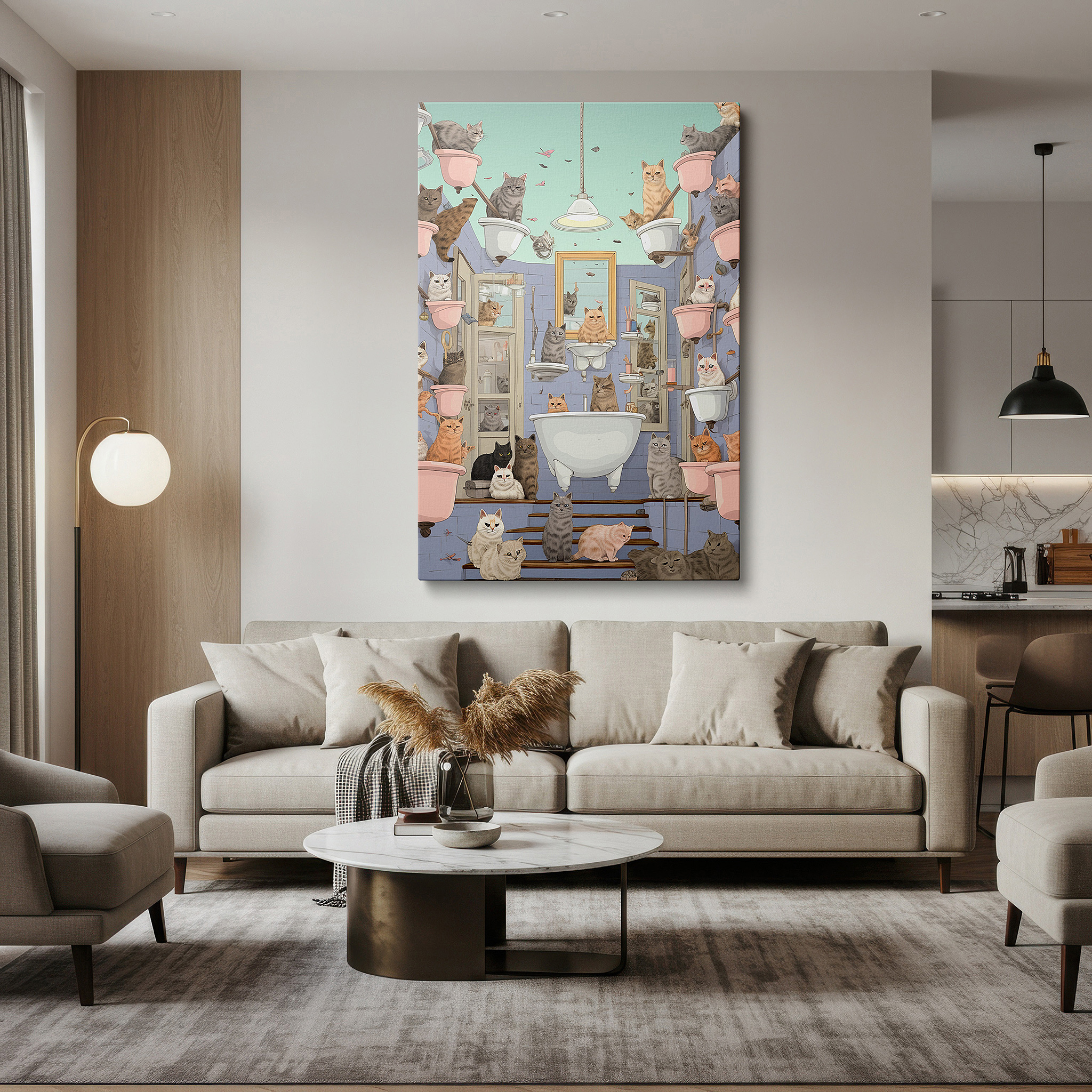 Displayed above a contemporary leather sofa in warm light — whimsical cats causing mischief in a messy bathroom: lively and playful large wall art, canvas wall art, wall decor for office