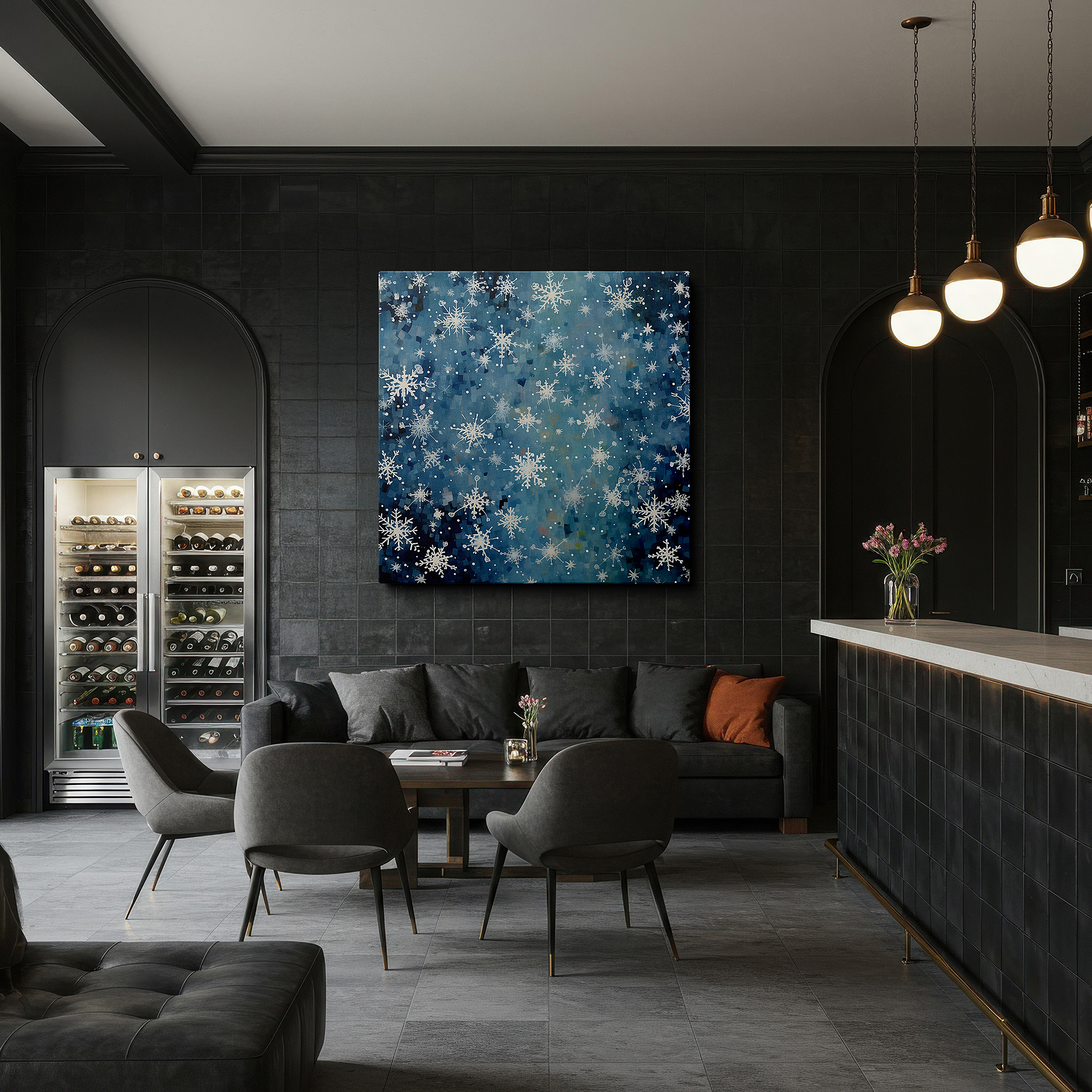 Displayed above a contemporary leather sofa in warm light — winter's embrace: a serene dance of snowflakes against the deep blue night - large canvas wall art for office and bedroom decor