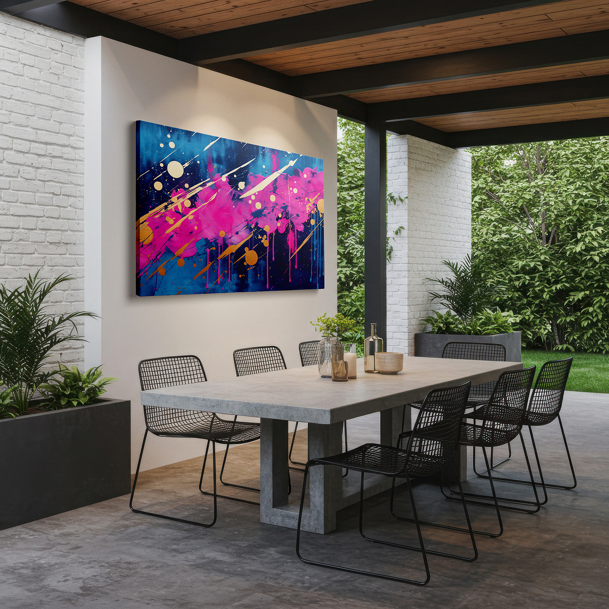 Featured in a dining room with dark wood furniture and candlelight — abstract expressionist large wall art featuring vibrant pinks, luxurious golds, and deep blues, perfect for home or office decor