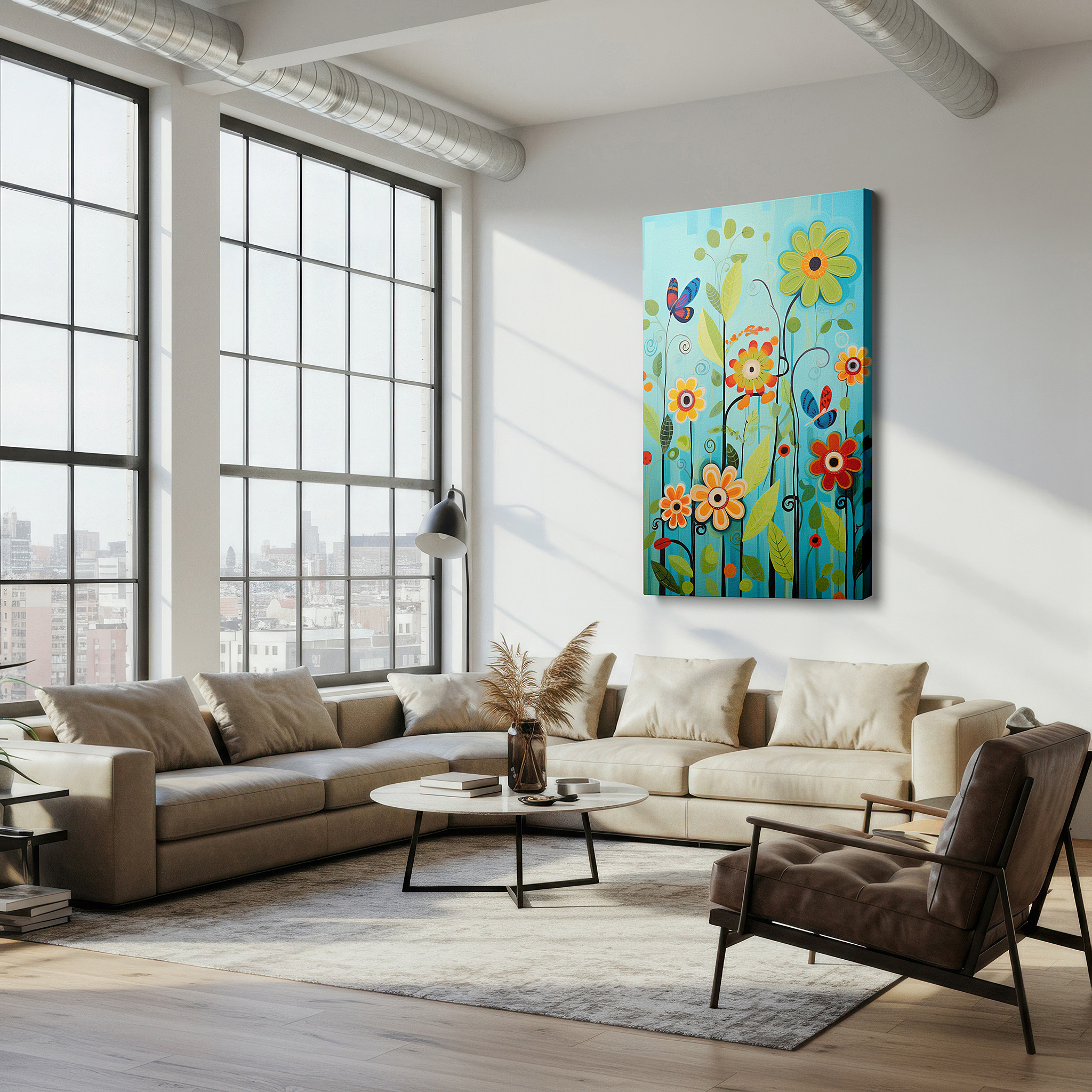 Featured in a dining room with dark wood furniture and candlelight — abstract whimsical flowers on a vibrant blue background, large canvas wall art featuring a fusion of vibrant colors