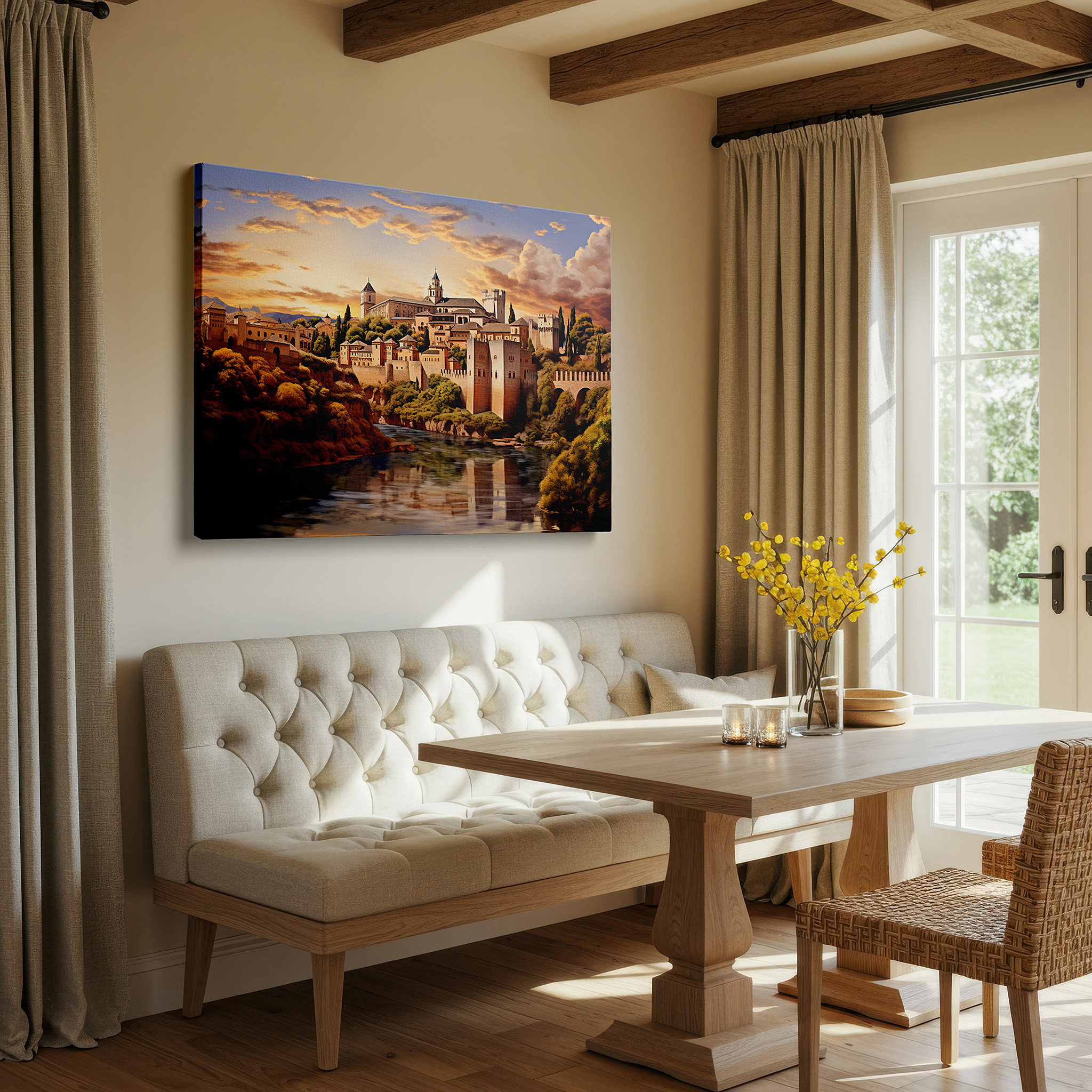 Featured in a dining room with dark wood furniture and candlelight — alhambra's autumn splendor: a canvas of fiery reds and earth tones set against historic grandeur - large wall art for office decor
