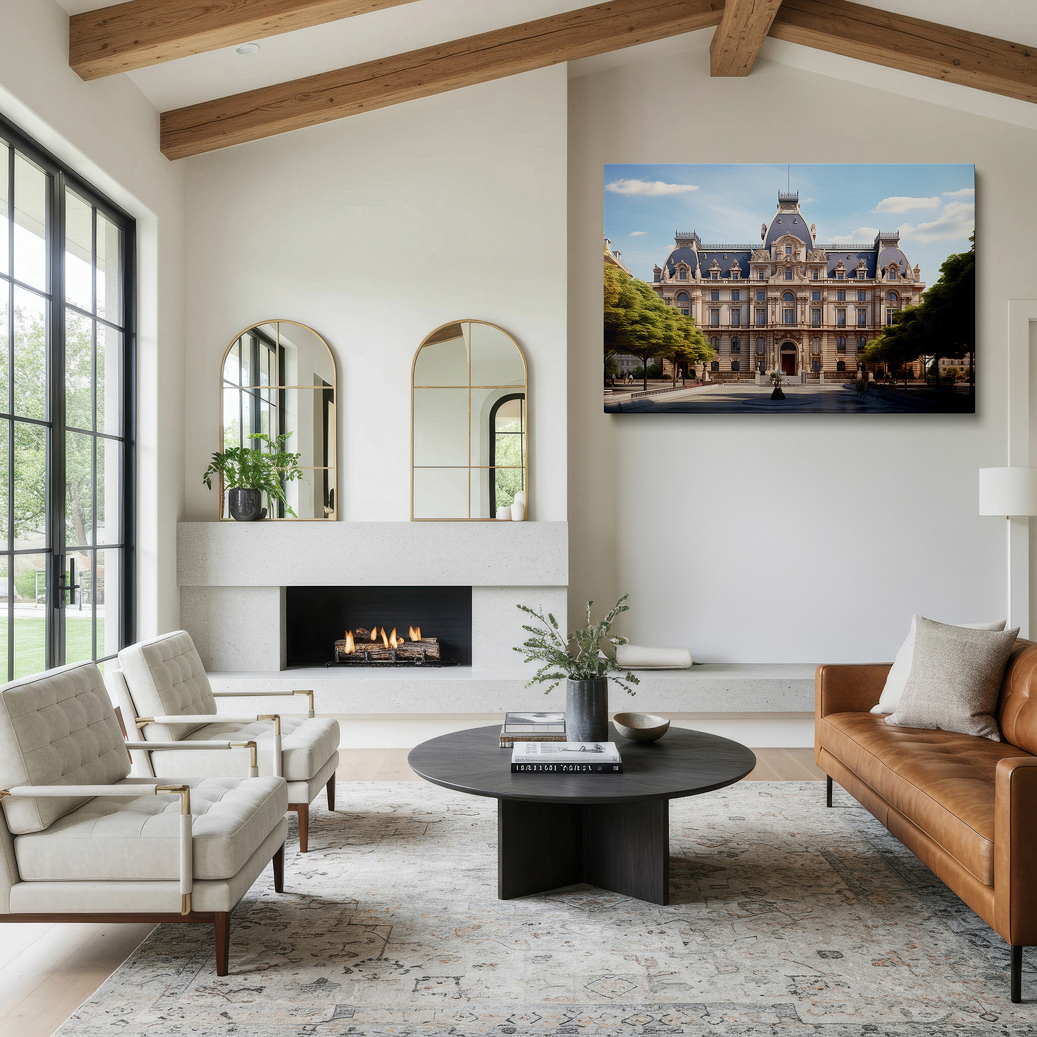 Featured in a dining room with dark wood furniture and candlelight — architectural majesty surrounded by lush greenery: large wall art, canvas wall art, wall decor for office, bedroom, and living room
