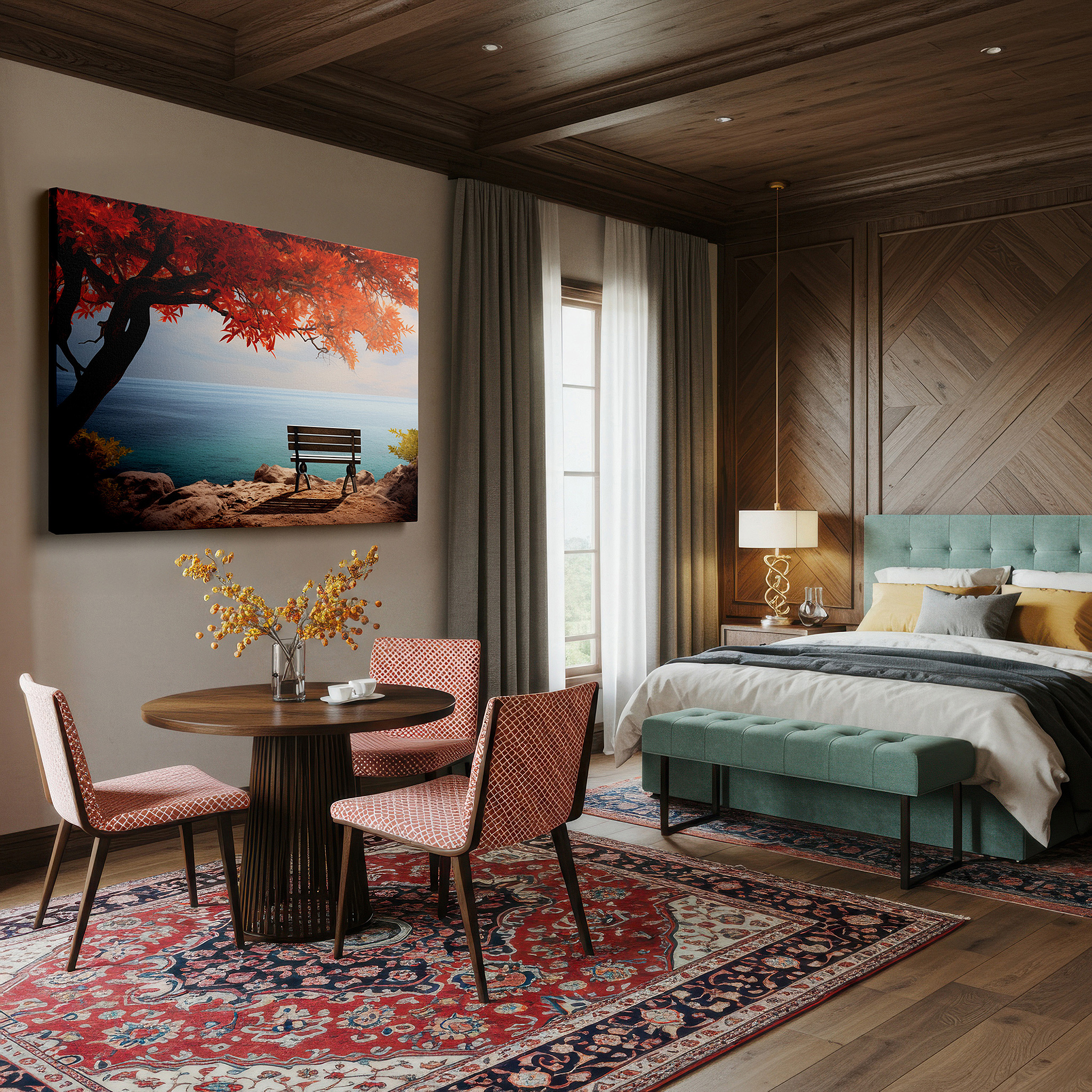 Featured in a dining room with dark wood furniture and candlelight — autumn embrace: serene coastal waters - a visual sanctuary for peace and reflection, large canvas wall art for office decor
