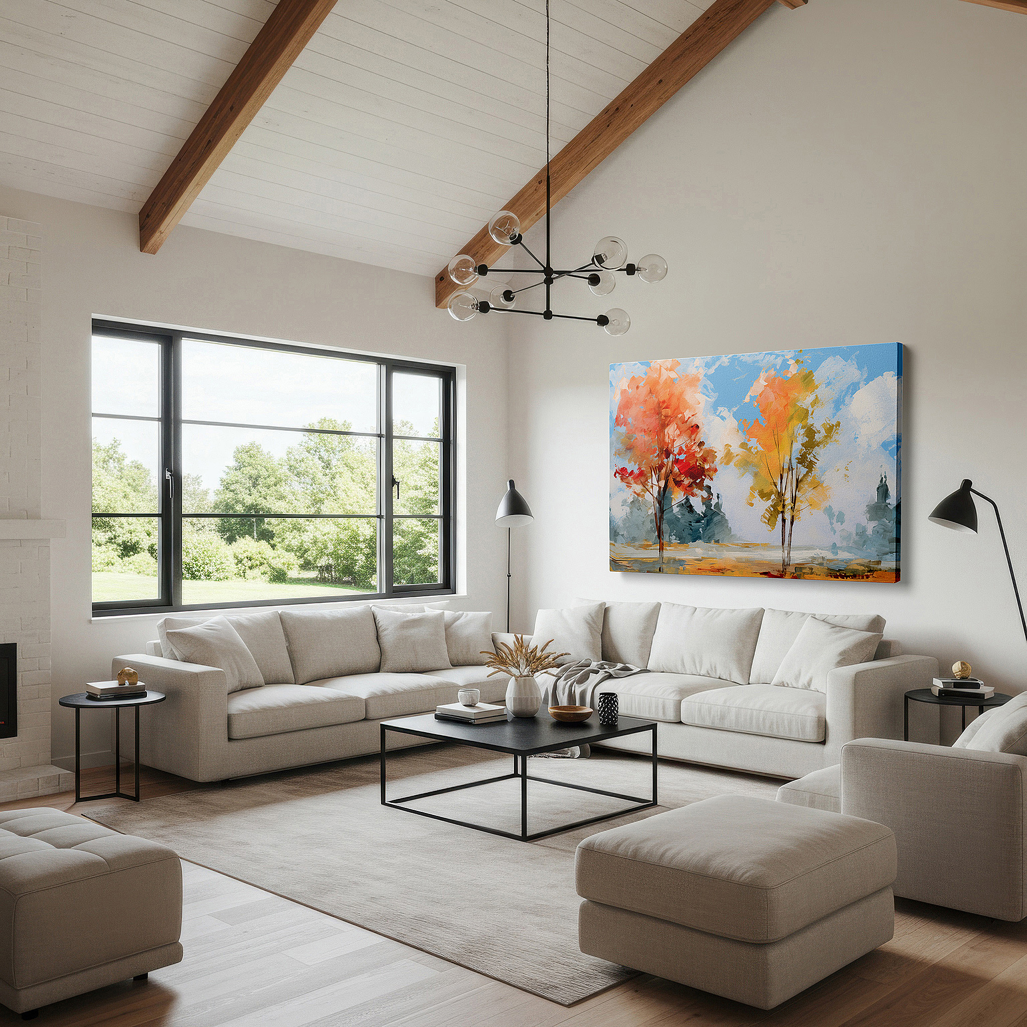 Featured in a dining room with dark wood furniture and candlelight — autumn's dance beneath a brilliant sky - vibrant reds and oranges clash with bold blues large wall art, canvas wall art, wall decor, office wall art