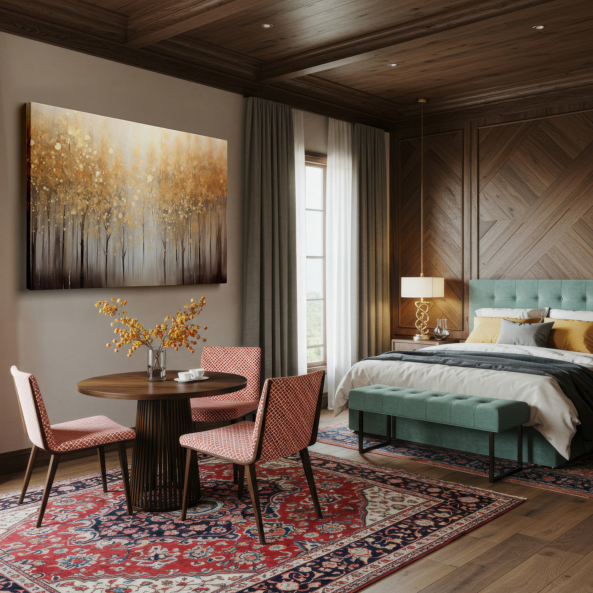 Featured in a dining room with dark wood furniture and candlelight — autumn's ethereal tapestry: a golden abstract forest - large wall art, canvas wall art, wall decor for office and bedroom