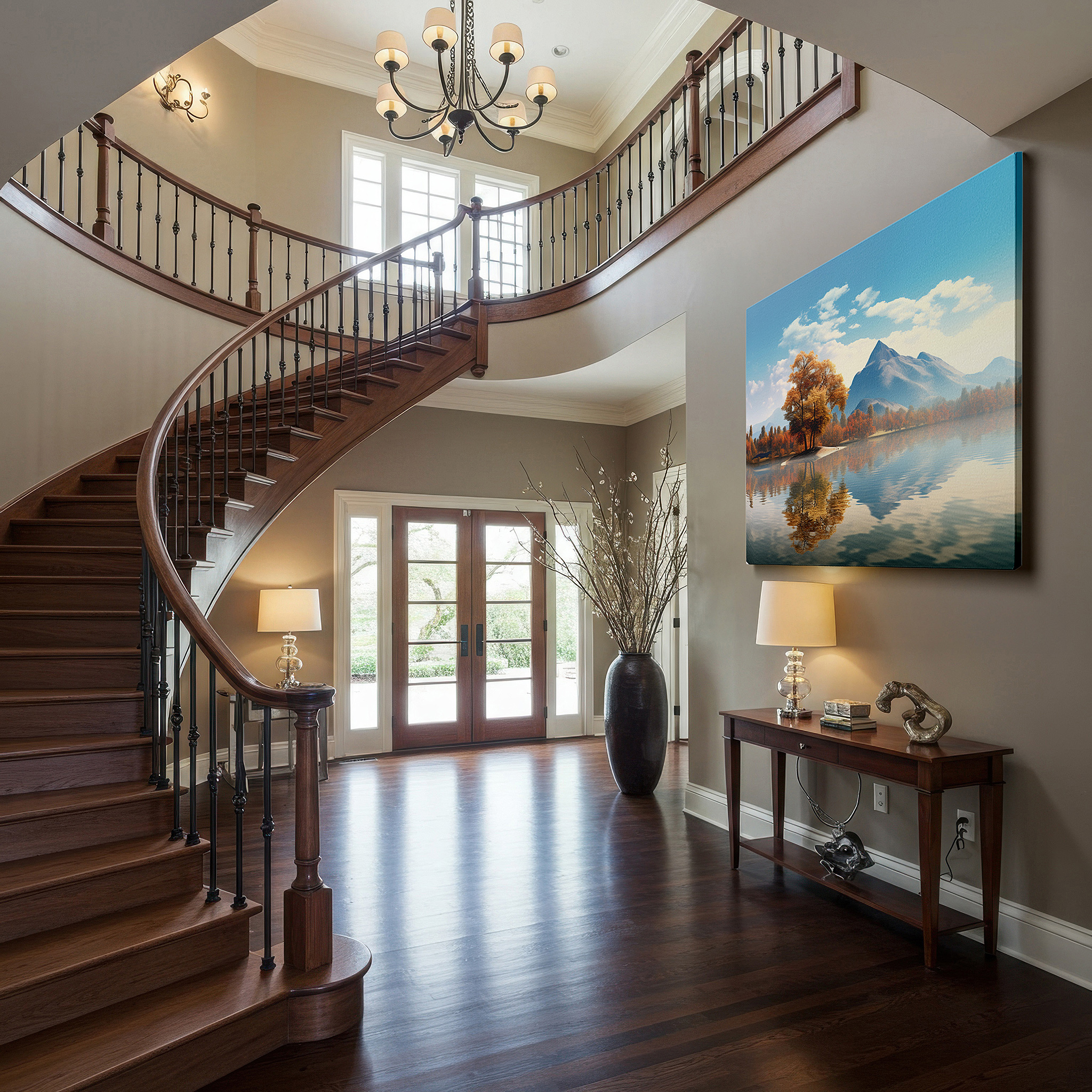 Featured in a dining room with dark wood furniture and candlelight — autumnal majesty: serene lake and golden mountain reflections - large canvas wall art for office and bedroom decor