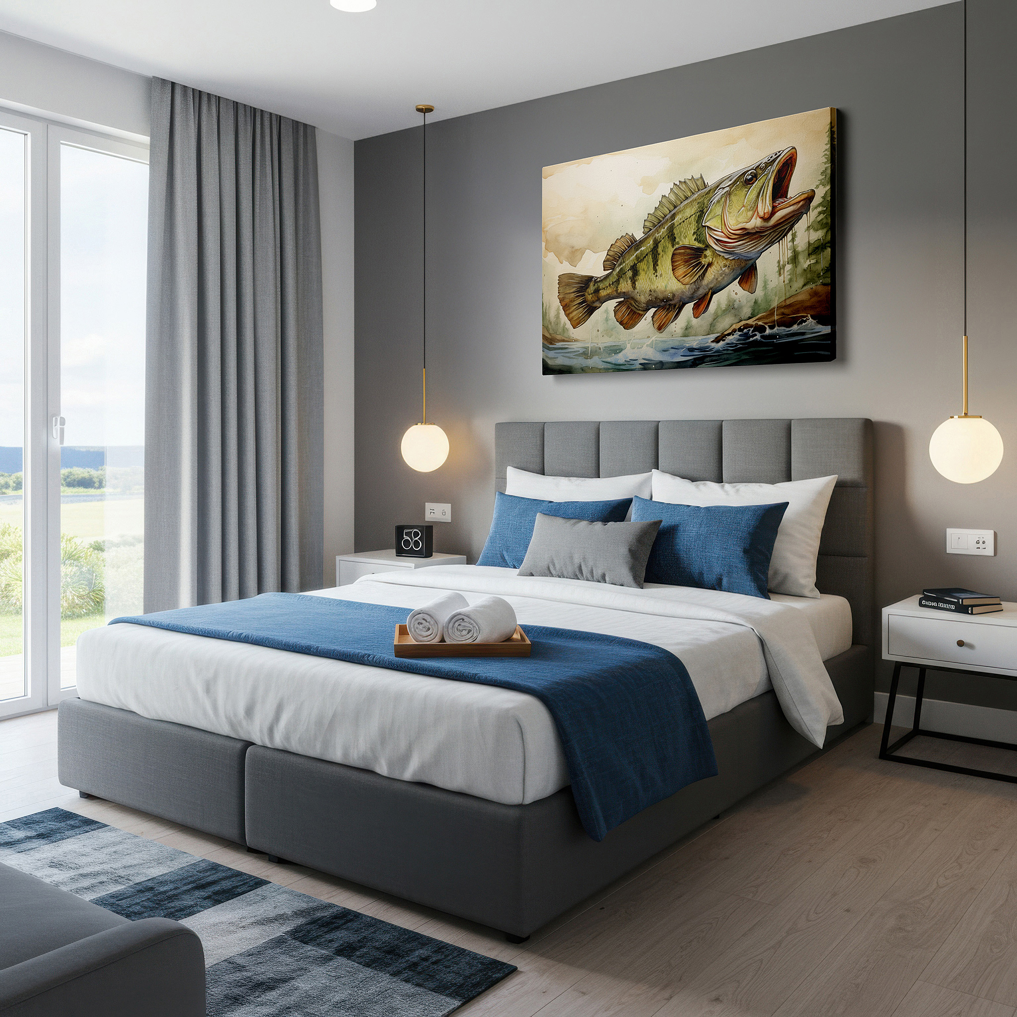Featured in a dining room with dark wood furniture and candlelight — bass fish leaping in a lush green setting, elegant nature scene large wall art, canvas wall art, wall decor for office