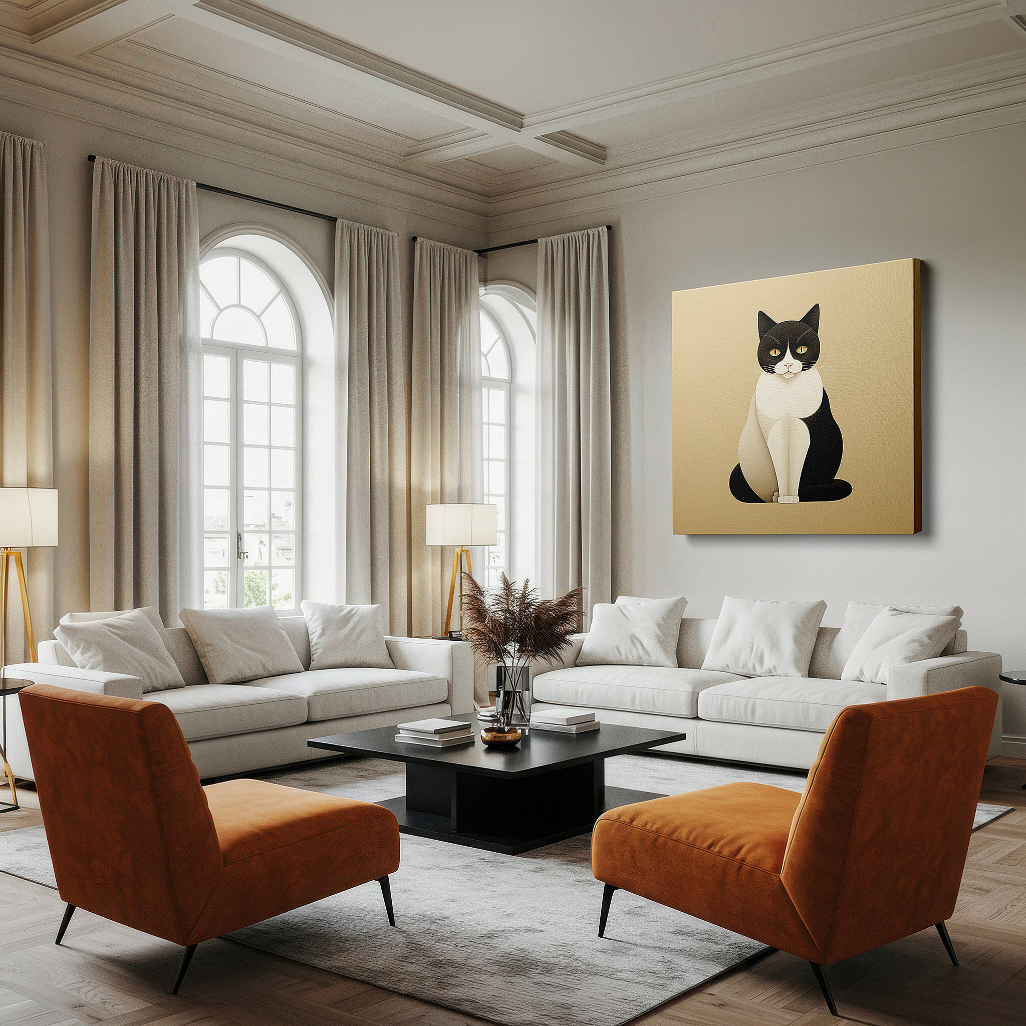 Featured in a dining room with dark wood furniture and candlelight — black and white elegance - graceful and sophisticated stylized cat large wall art, canvas wall art, wall decor for office and bedroom
