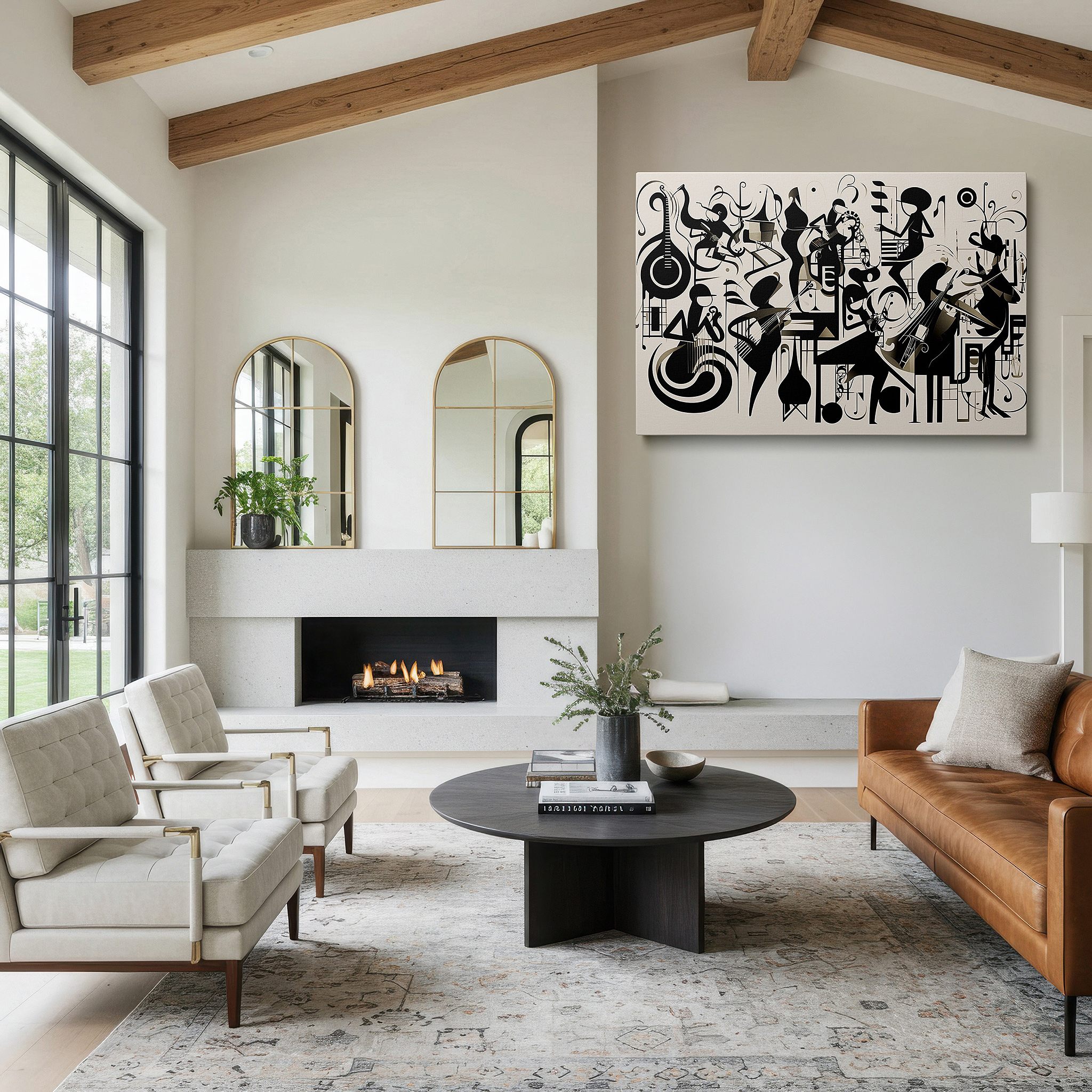 Featured in a dining room with dark wood furniture and candlelight — black and white vibrant symphony, embodying musical harmony, large canvas wall art for office and bedroom decor