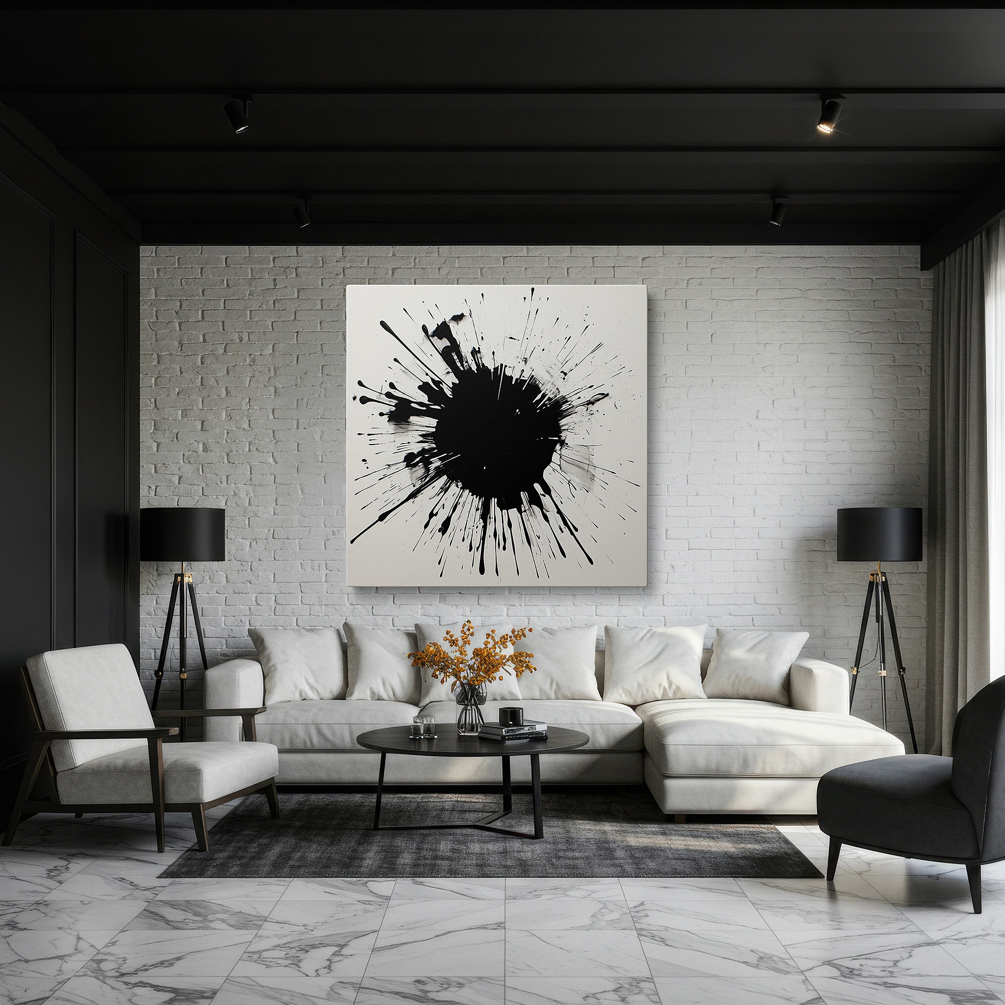 Featured in a dining room with dark wood furniture and candlelight — bold black ink splash on white canvas: exploring abstract expressionism and dynamic contrast - large wall art, canvas wall art, wall decor