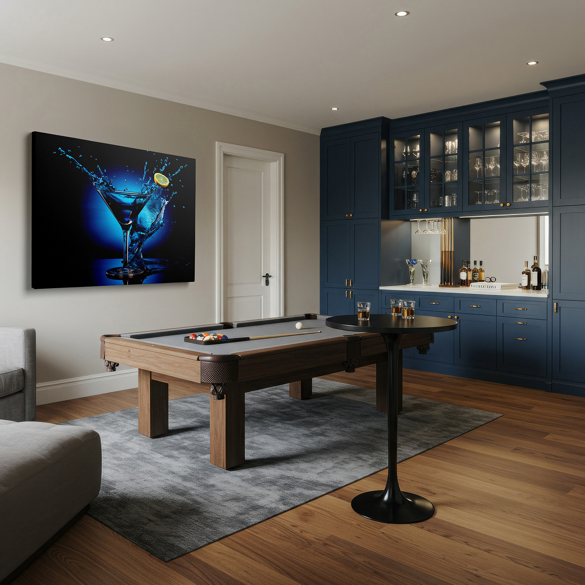 Featured in a dining room with dark wood furniture and candlelight — celebrating cocktail culture: martini glass splash on vibrant blue background - large canvas wall art for office decor