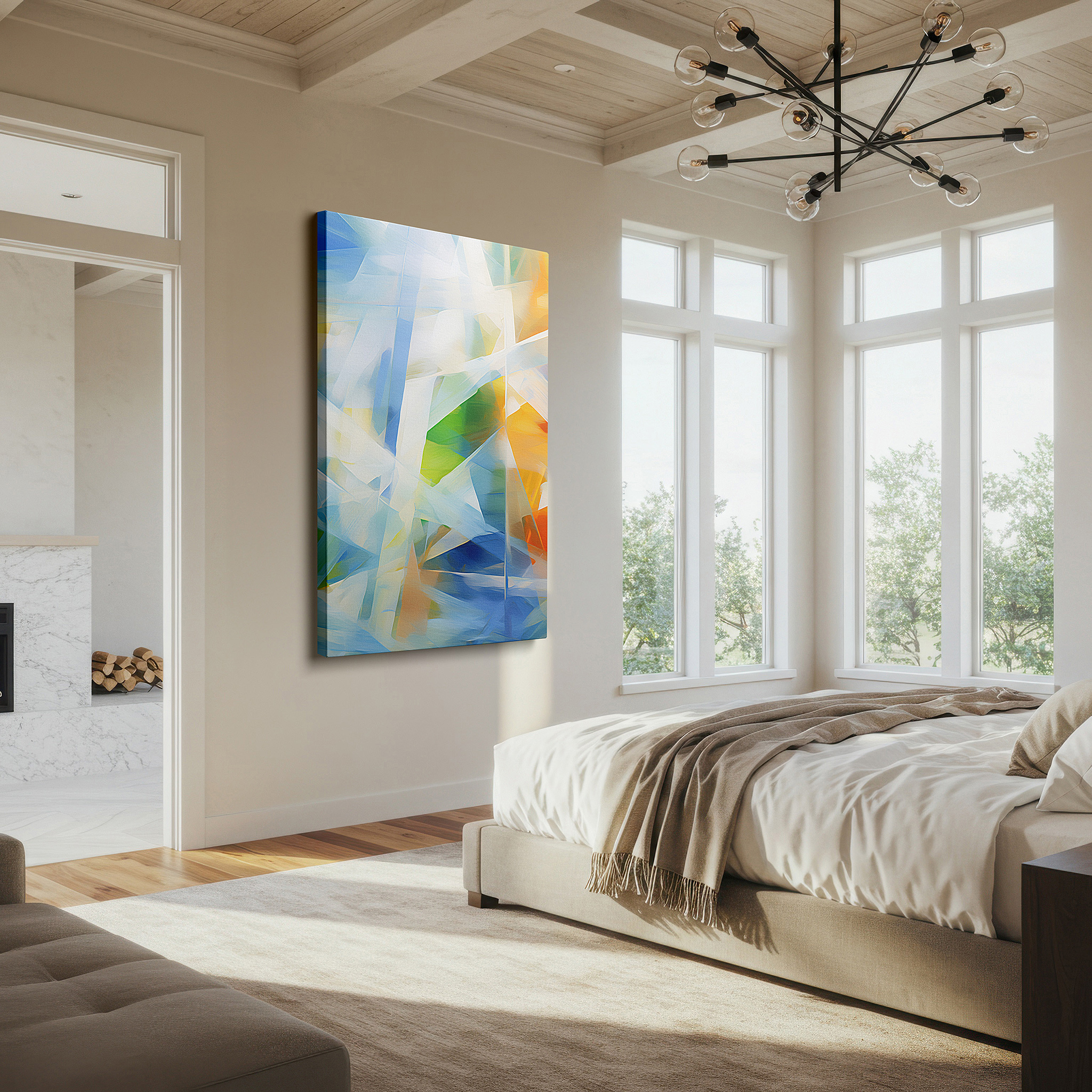 Featured in a dining room with dark wood furniture and candlelight — a celebration of human creativity and emotion: vibrant colors and geometric shapes in large wall art, canvas wall art, and office wall decor