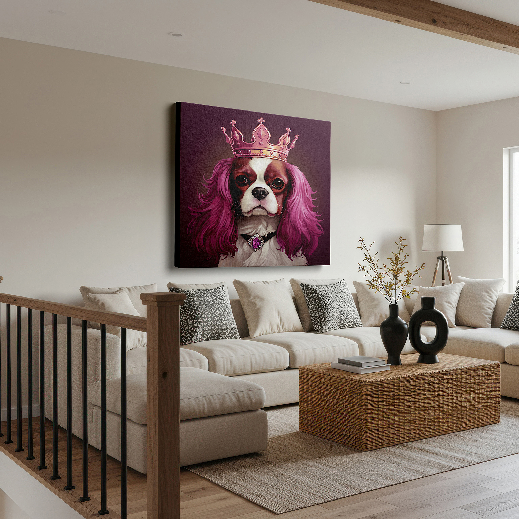 Featured in a dining room with dark wood furniture and candlelight — chestnut and white cavalier king charles spaniel with crown large canvas wall art for office and bedroom decor