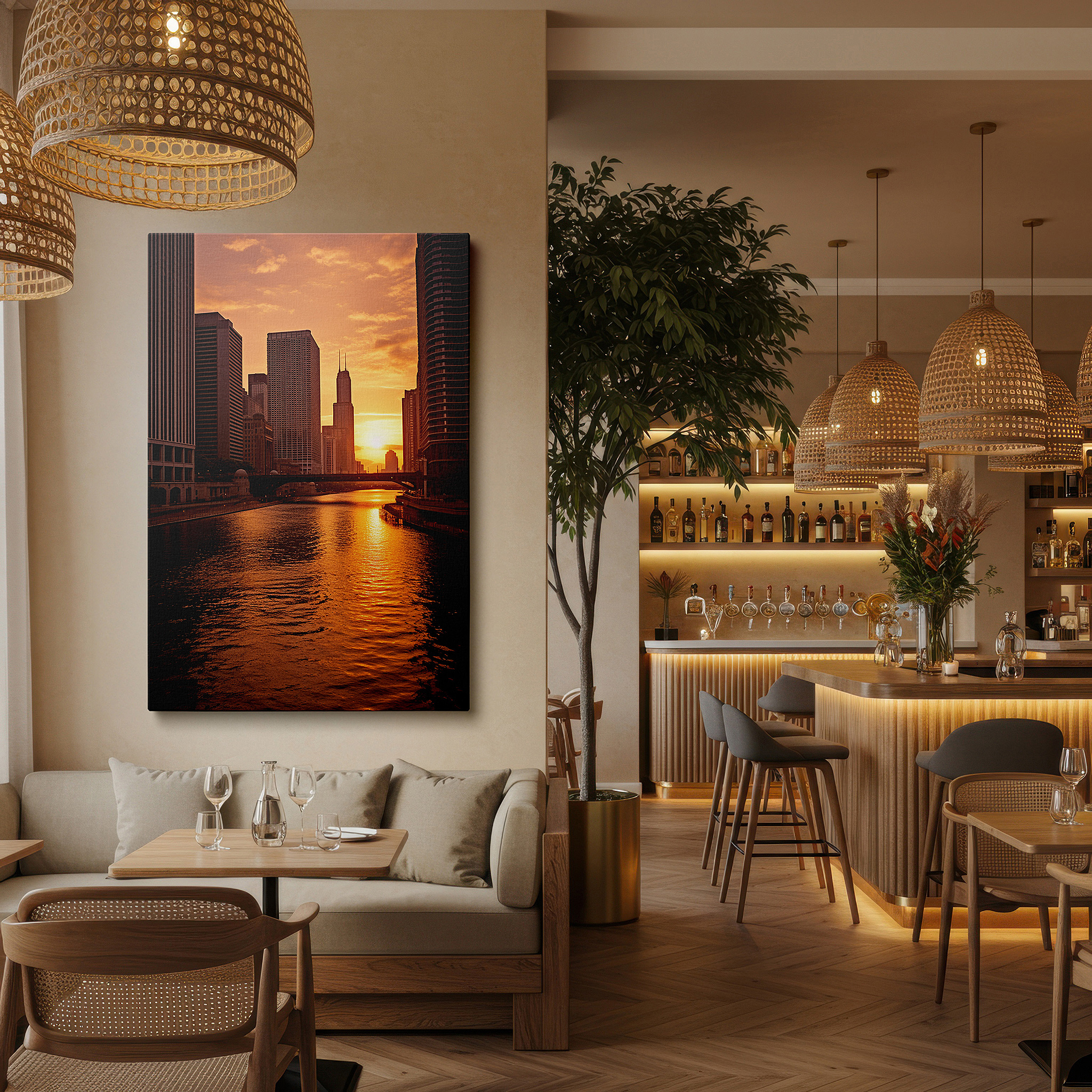 Featured in a dining room with dark wood furniture and candlelight — chicago river sunset - golden cityscape silhouette with vibrant skies large wall art, canvas wall art, wall decor for office and bedroom