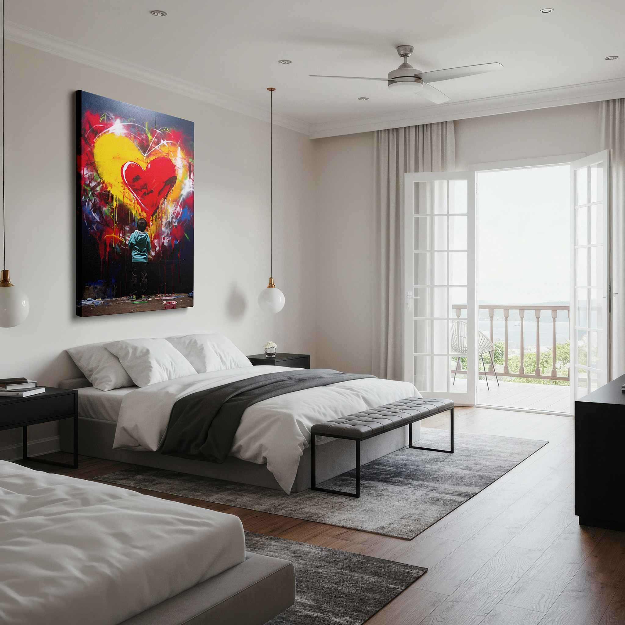 Featured in a dining room with dark wood furniture and candlelight — child's delight in creating a colorful heart on a large urban canvas, wall art for bedrooms, offices, and more