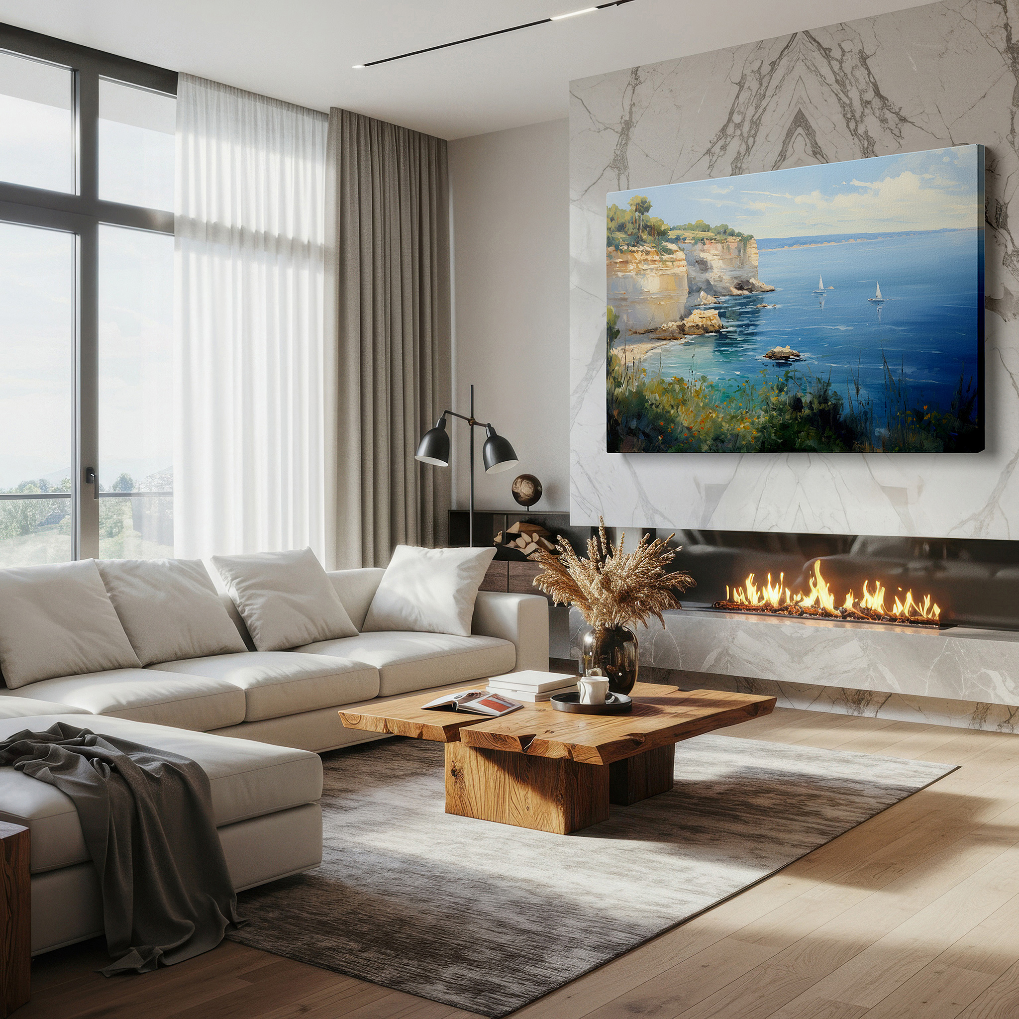 Featured in a dining room with dark wood furniture and candlelight — coastal calm and exciting sailing adventures surrounded by natural splendor: large wall art, canvas wall art, wall decor for offices and bedrooms