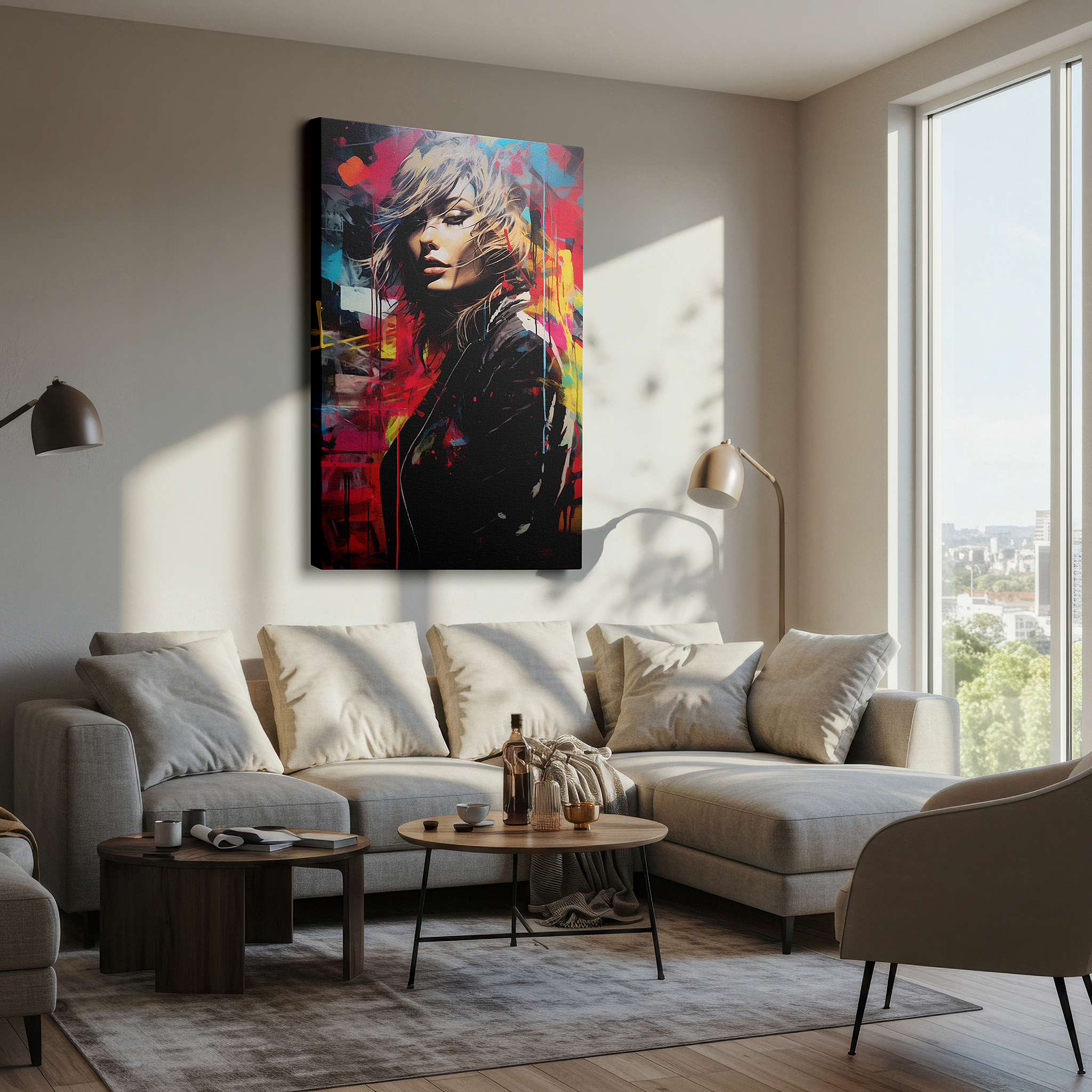 Featured in a dining room with dark wood furniture and candlelight — contemporary female in city turmoil, vibrant and emotional large wall art, canvas wall art, wall decor for office and bedroom