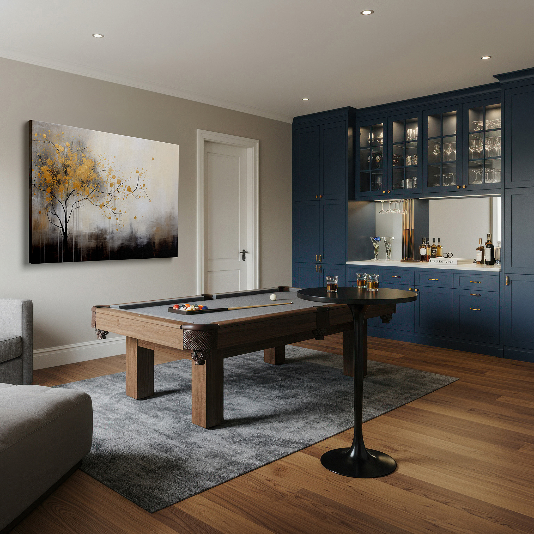 Featured in a dining room with dark wood furniture and candlelight — dreamlike elegant tree with golden splashes large canvas wall art for office, bedroom, and living room decor