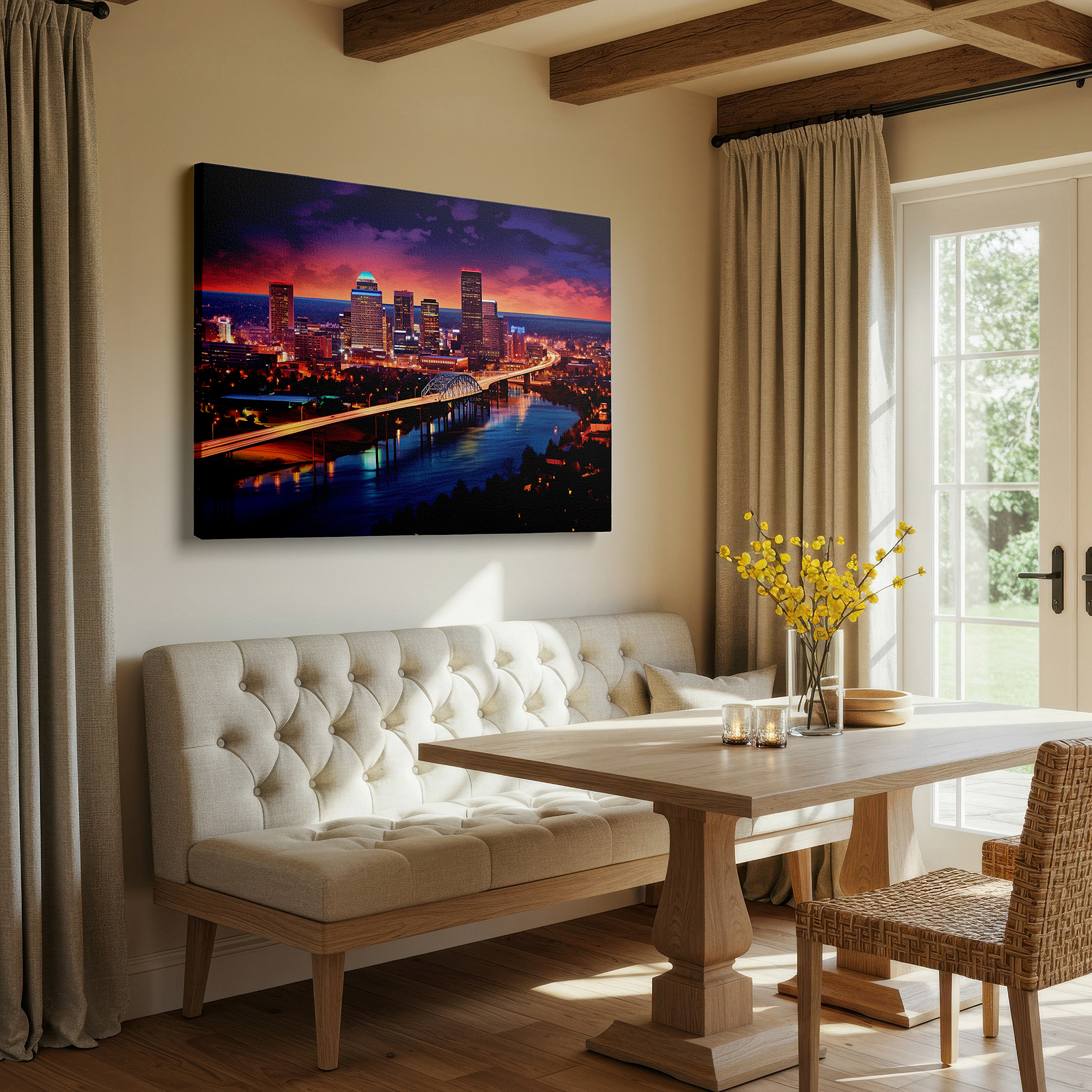 Featured in a dining room with dark wood furniture and candlelight — dusk in the vibrant city: illumination, architecture, and urban vitality - large canvas wall art for office and bedroom decor