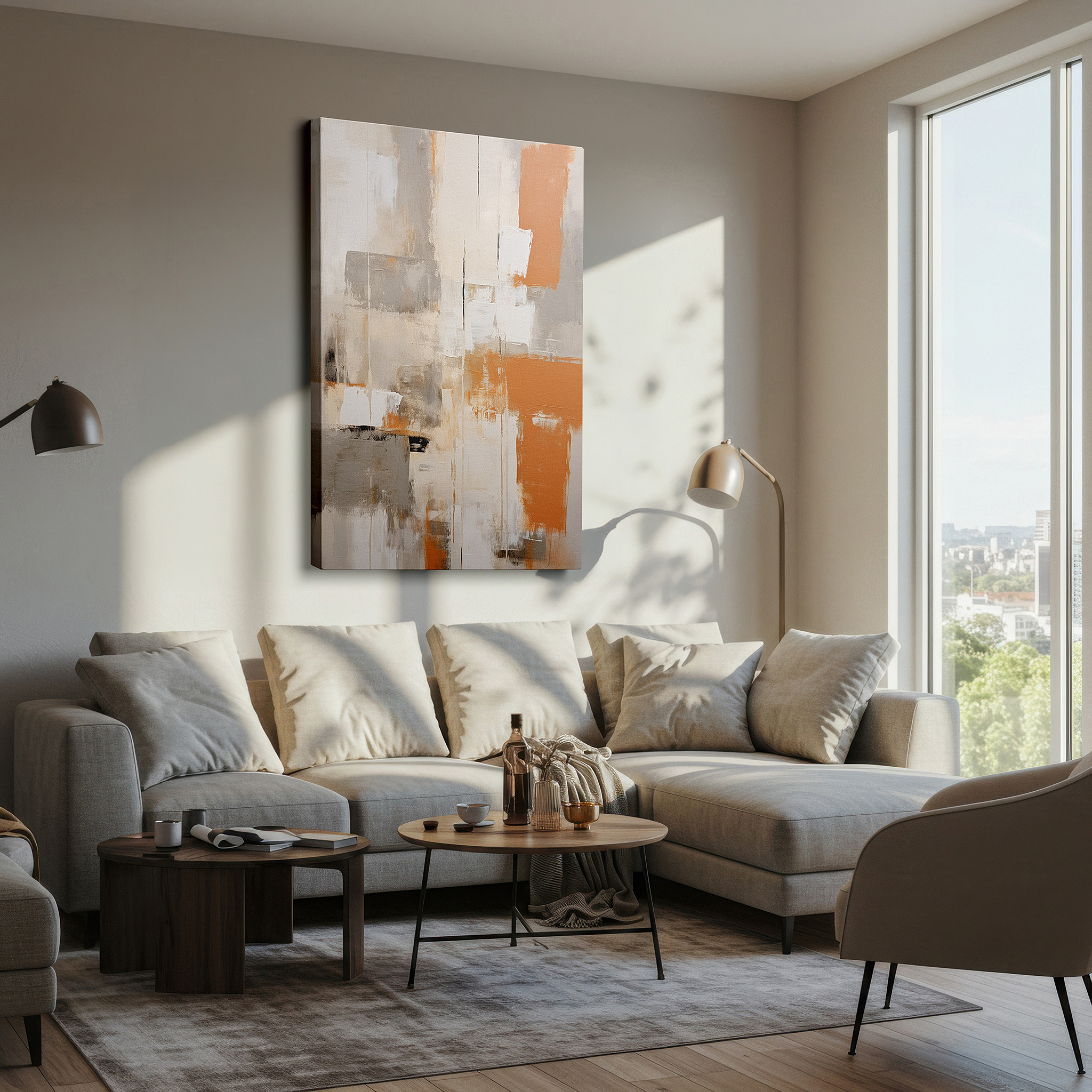 Featured in a dining room with dark wood furniture and candlelight — dynamic abstract art in gray and orange: bold modern statement, large canvas wall decor for offices
