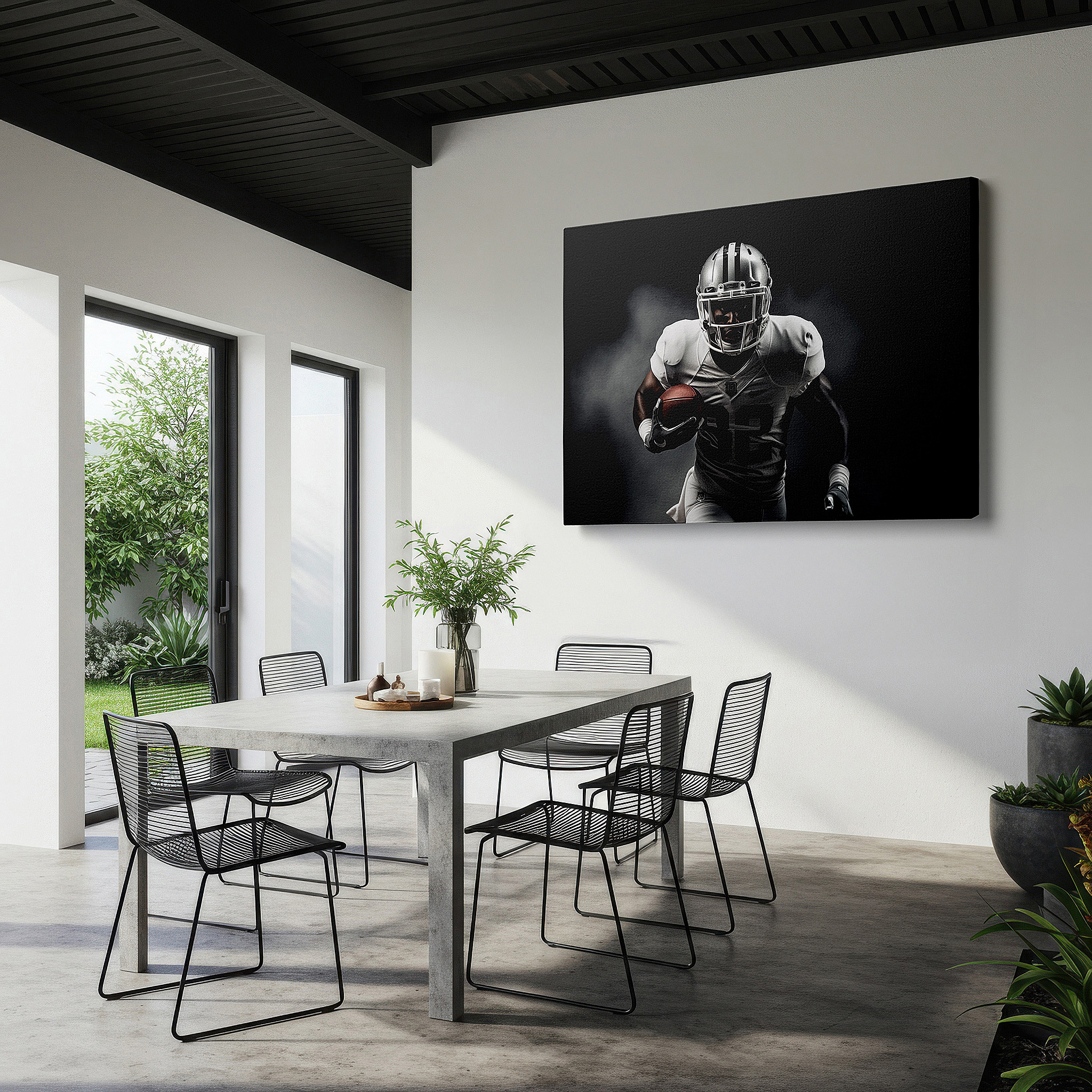 Featured in a dining room with dark wood furniture and candlelight — dynamic football player action scene, showcasing power and concentration - large canvas wall art for office decor