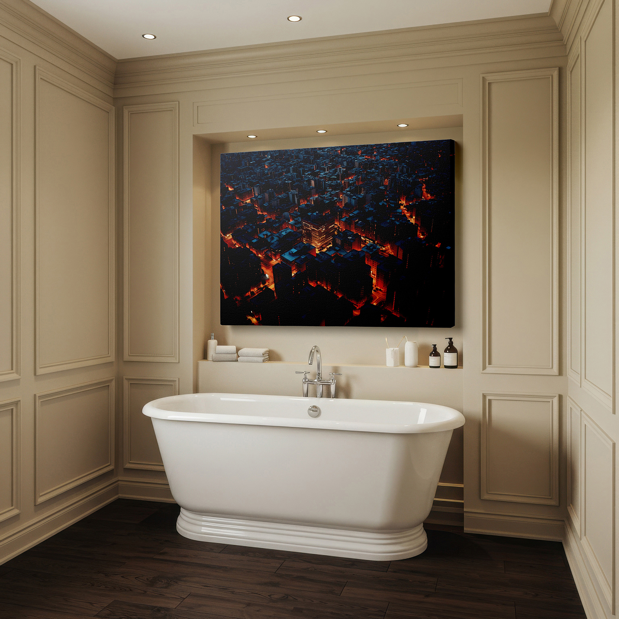 Featured in a dining room with dark wood furniture and candlelight — dynamic urban nightscape with golden street lights large canvas wall art for office and bedroom decor