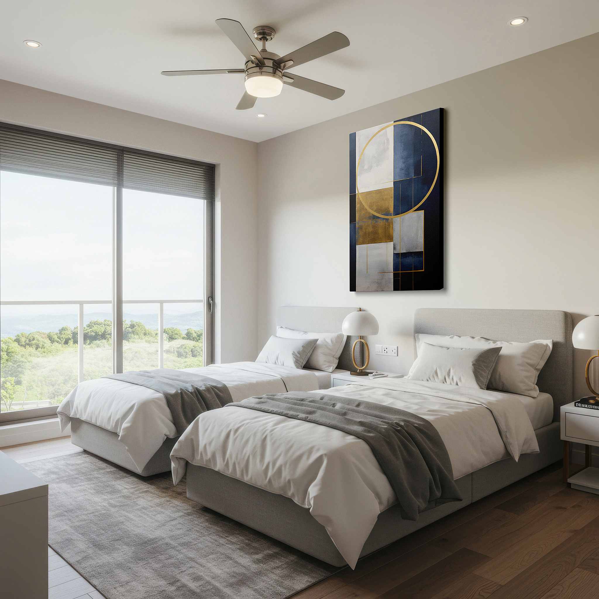 Featured in a dining room with dark wood furniture and candlelight — elegant gold and navy geometric patterns on a textured gradient background for a dynamic and sophisticated visual impact large wall art, canvas wall
