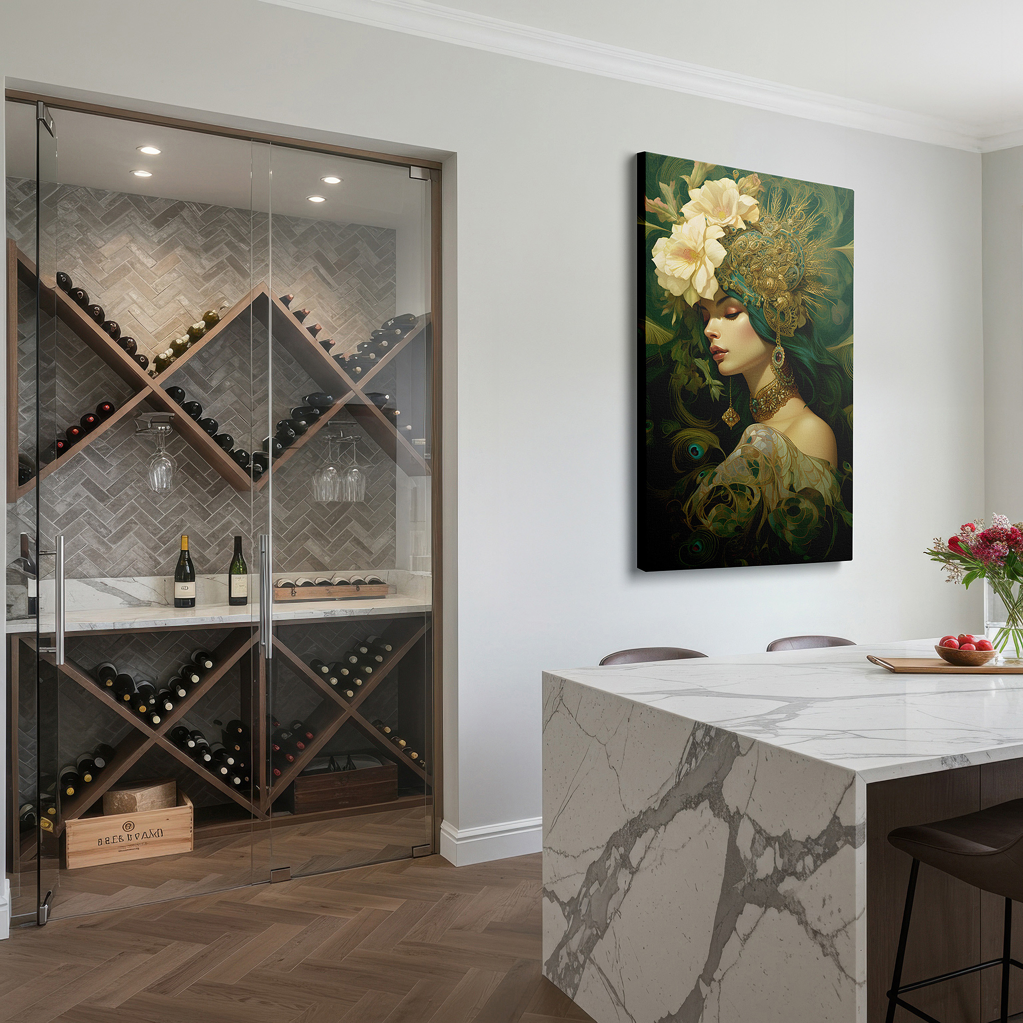 Featured in a dining room with dark wood furniture and candlelight — elegant and natural feminine grace: mysterious and beautiful large wall art, canvas wall art for home and office decor