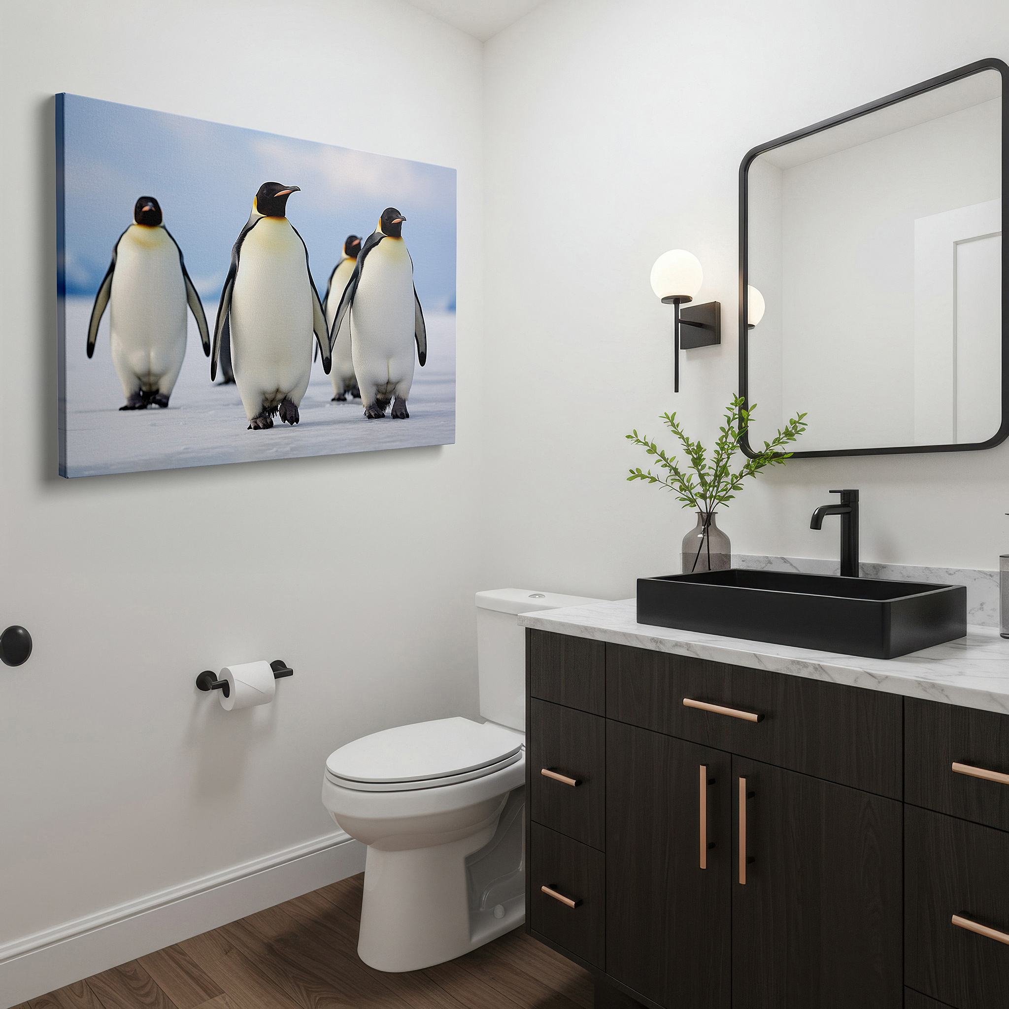 Featured in a dining room with dark wood furniture and candlelight — emperor penguins canvas print: large wall art for office, bedroom, and living room decor, featuring antarctica's icy landscape