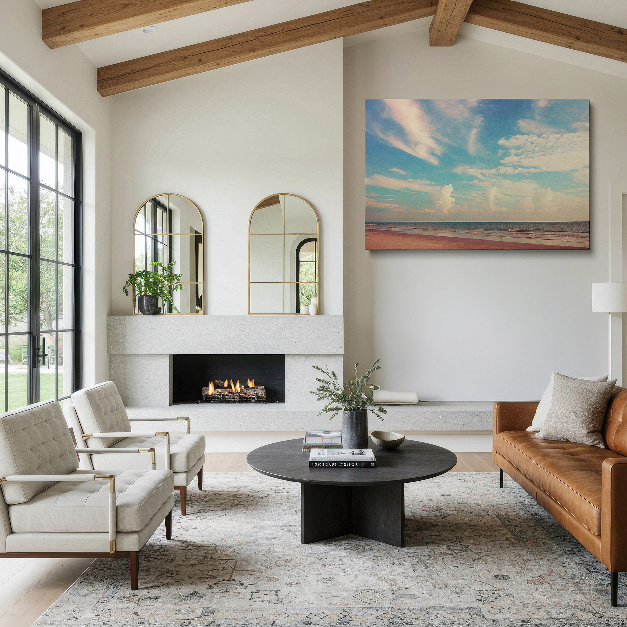 Featured in a dining room with dark wood furniture and candlelight — enchanted coastal dusk: a symphony of light and shadow - nature's splendor large wall art, canvas wall art, wall decor for office and bedroom