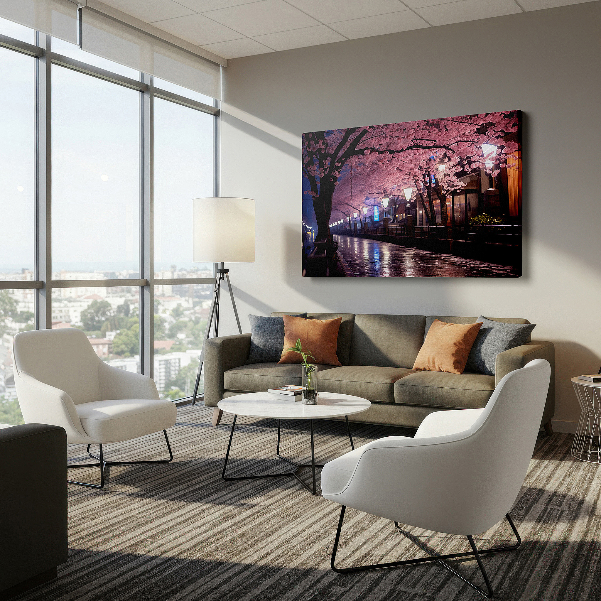 Featured in a dining room with dark wood furniture and candlelight — enchanted evening walk beneath lit cherry blossoms large wall art, canvas wall art, wall decor for office and bedroom