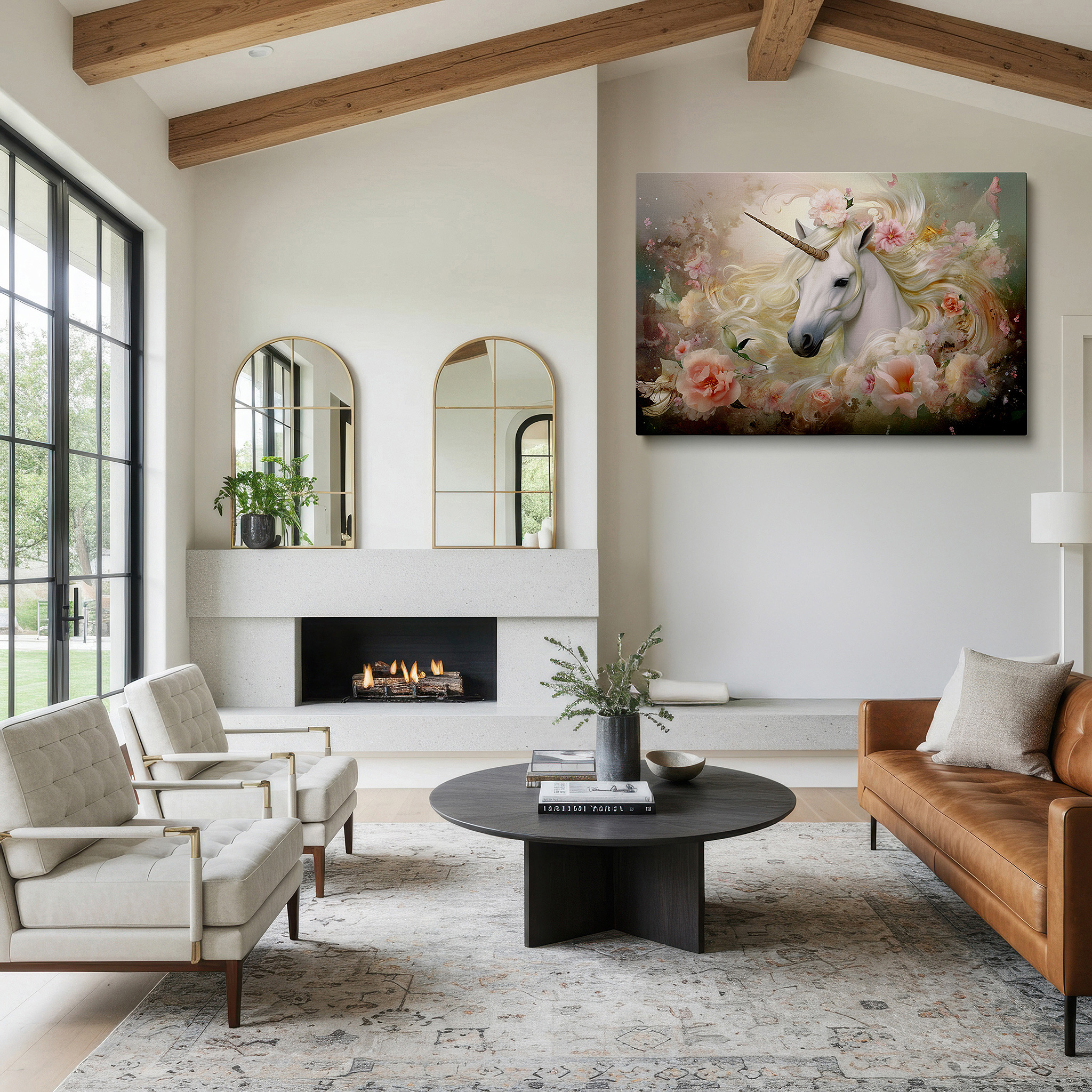 Featured in a dining room with dark wood furniture and candlelight — enchanted unicorn in a blossoming garden: a whimsical fantasy vision - large wall art, canvas decor for office and bedroom