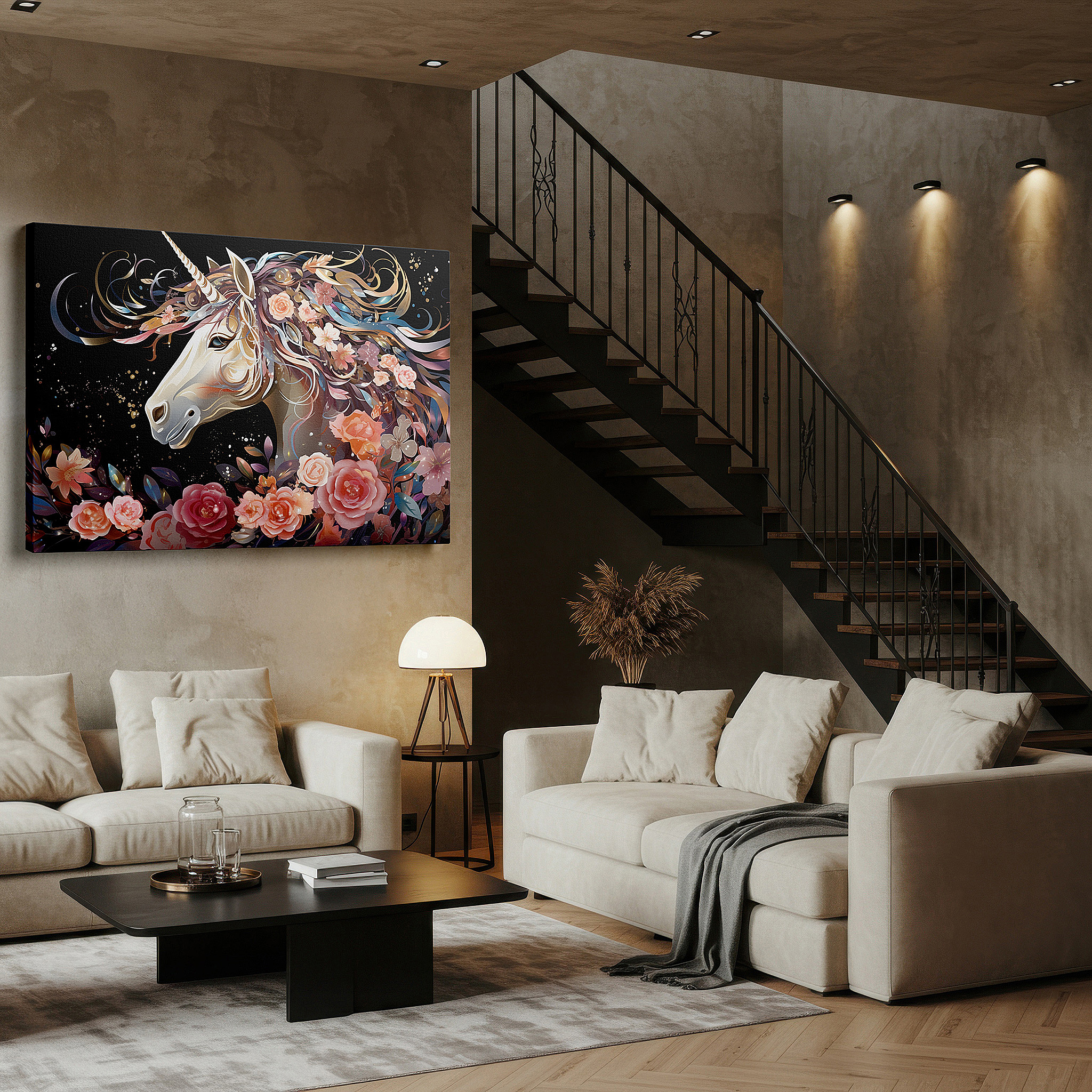 Featured in a dining room with dark wood furniture and candlelight — enchanting unicorn in a mystical world, vibrant and fantastical large wall art, canvas wall art, wall decor for office and bedroom