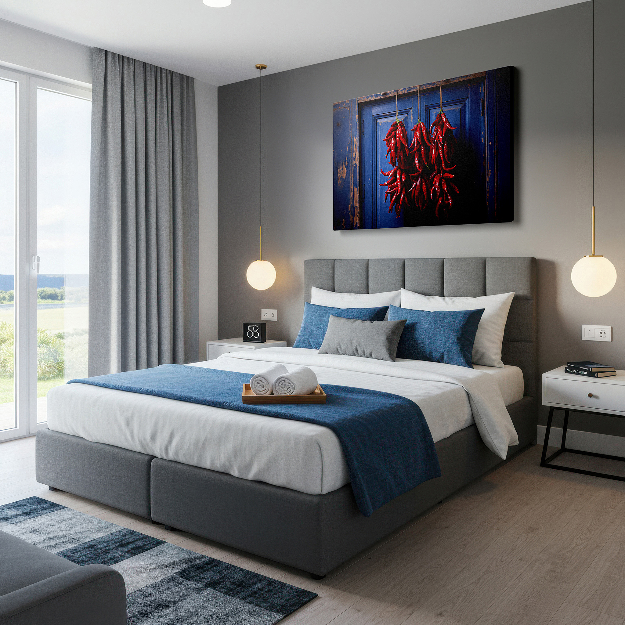 Featured in a dining room with dark wood furniture and candlelight — fiery red chilies against a weathered blue door - bold culinary-themed large wall art, canvas decor for office and bedroom