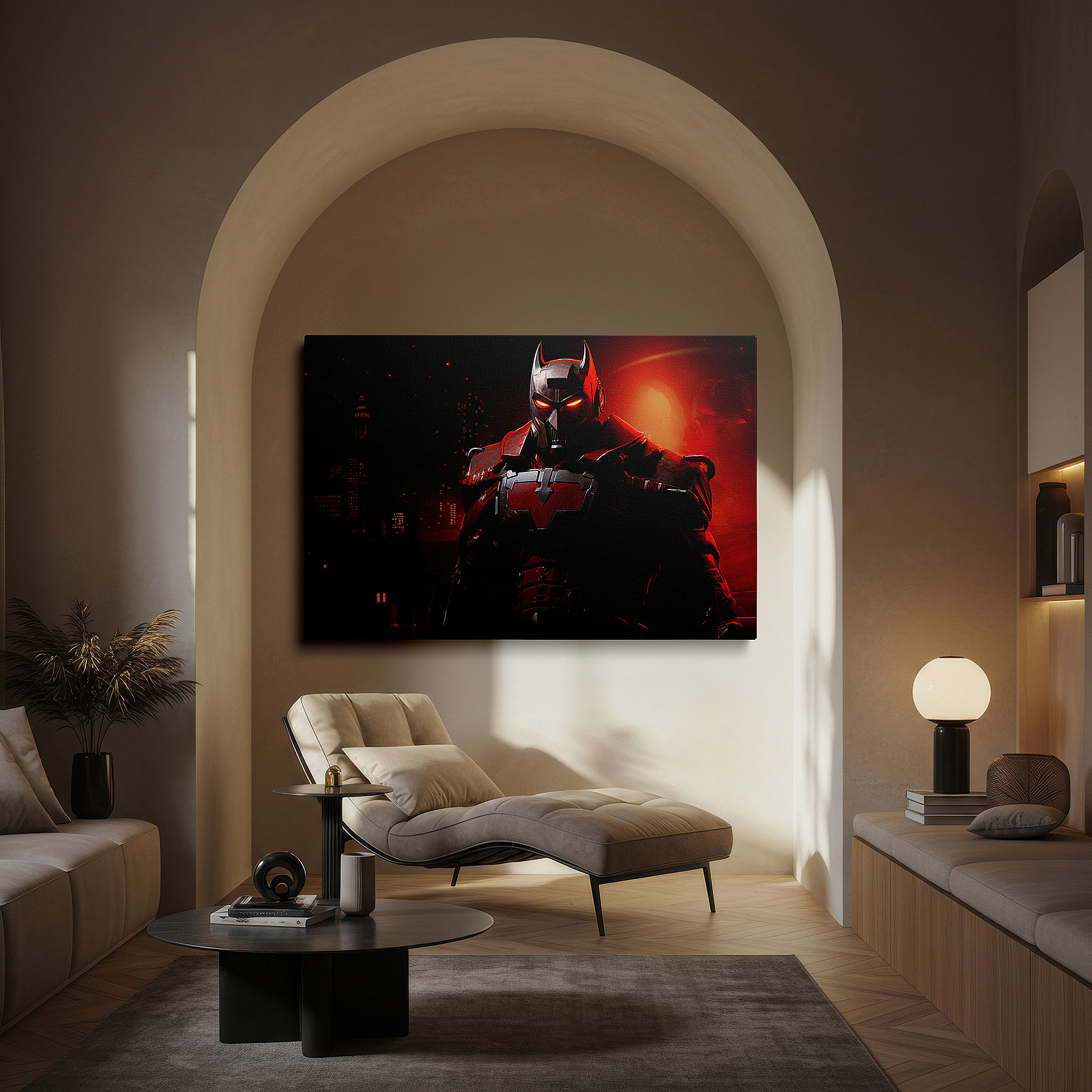 Featured in a dining room with dark wood furniture and candlelight — futuristic robotic hero in urban shadows: a symbol of resilience and technological wonder - large wall art, canvas wall art, wall decor for office