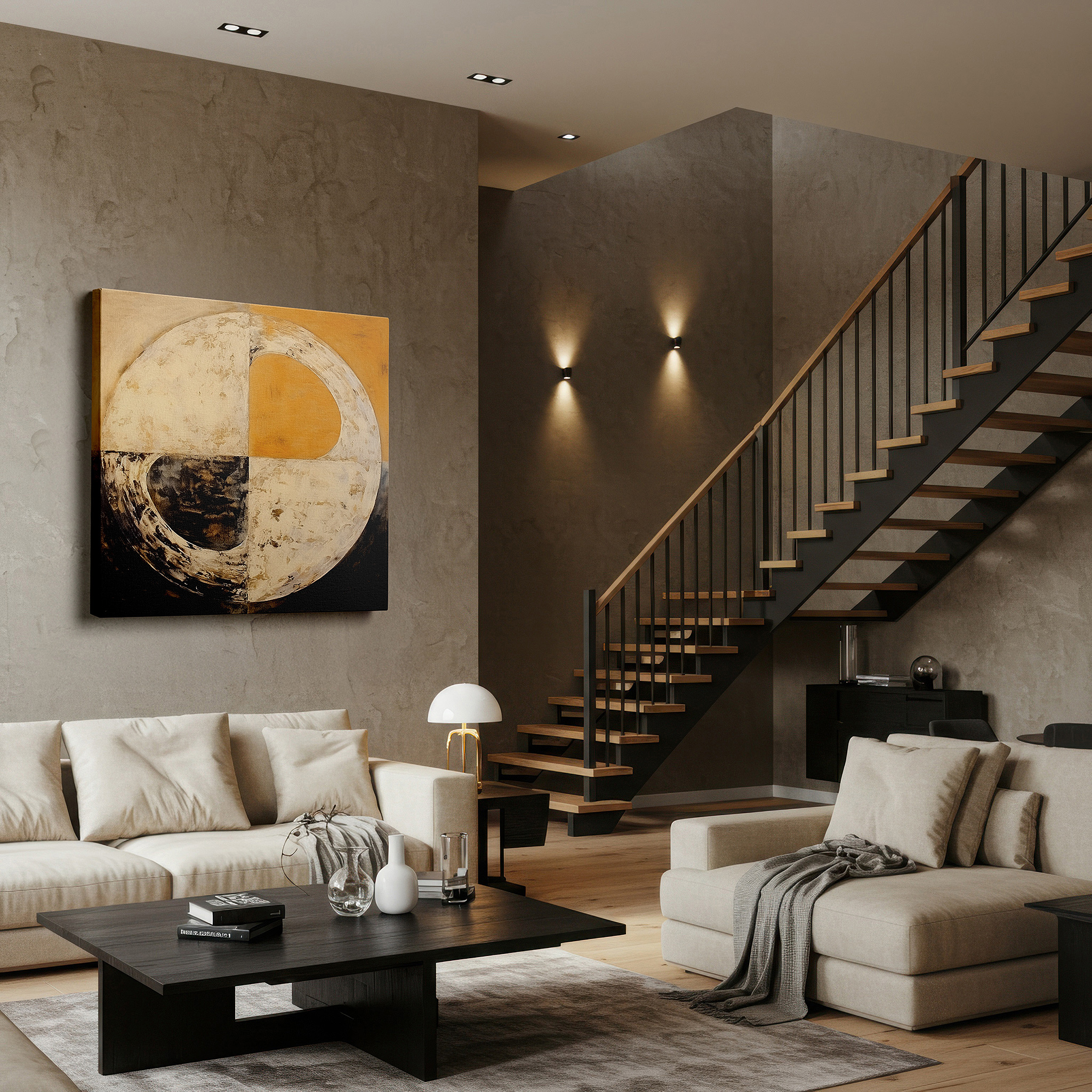 Featured in a dining room with dark wood furniture and candlelight — golden circle abstract wall art: radiant earth tones symbolizing unity, ideal for office and bedroom decor, large canvas