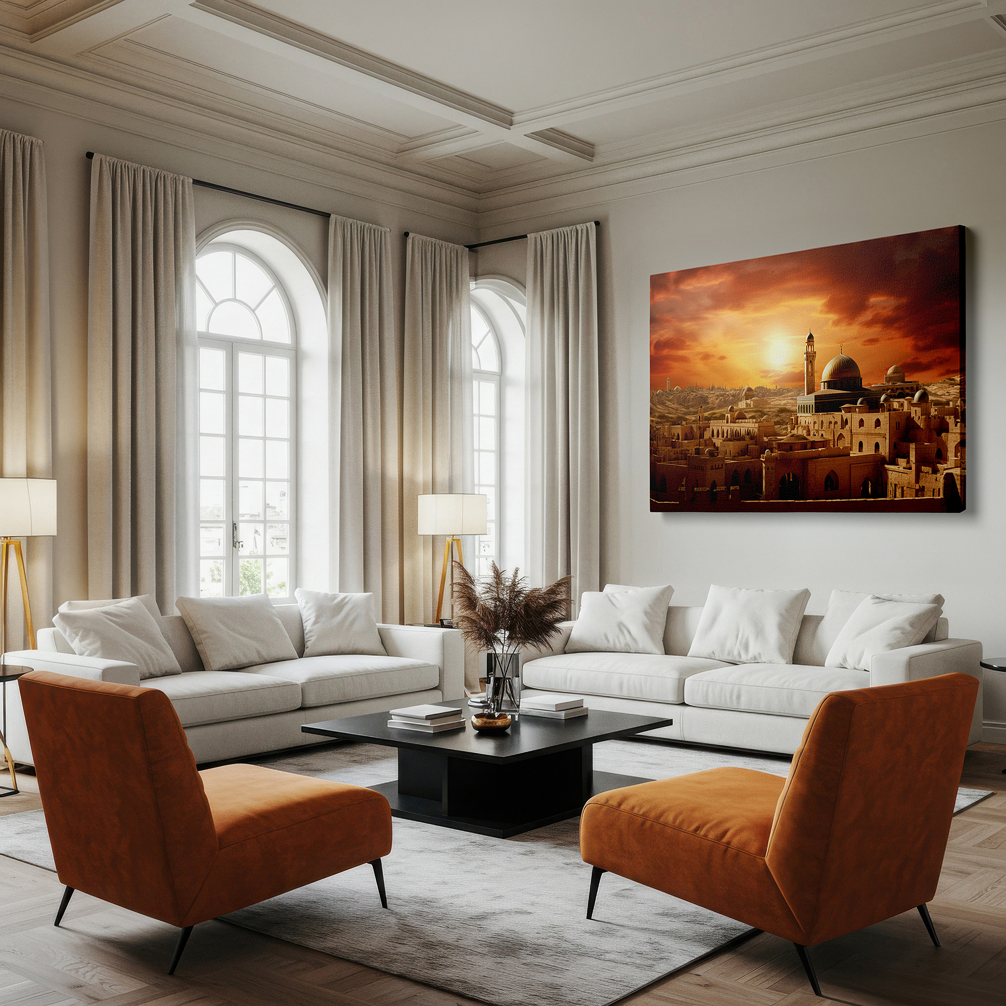 Featured in a dining room with dark wood furniture and candlelight — golden sunset above the dome of the rock: a gleaming emblem of jerusalem's timeless spirit - large wall art, canvas wall art, wall decor, office wall art