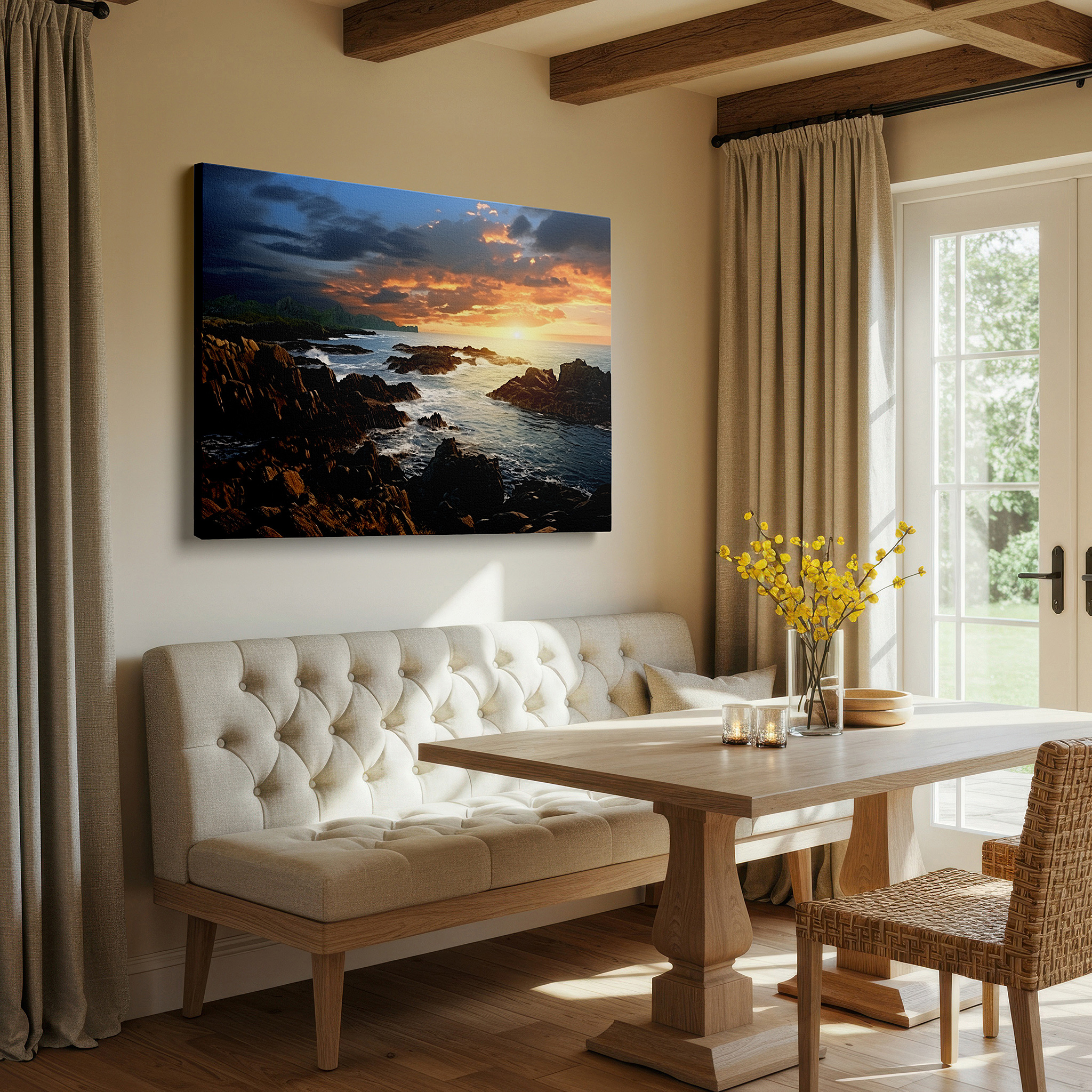 Featured in a dining room with dark wood furniture and candlelight — golden sunset on rugged coastline: a vivid symphony of light and shadow - large canvas wall art for home and office decor