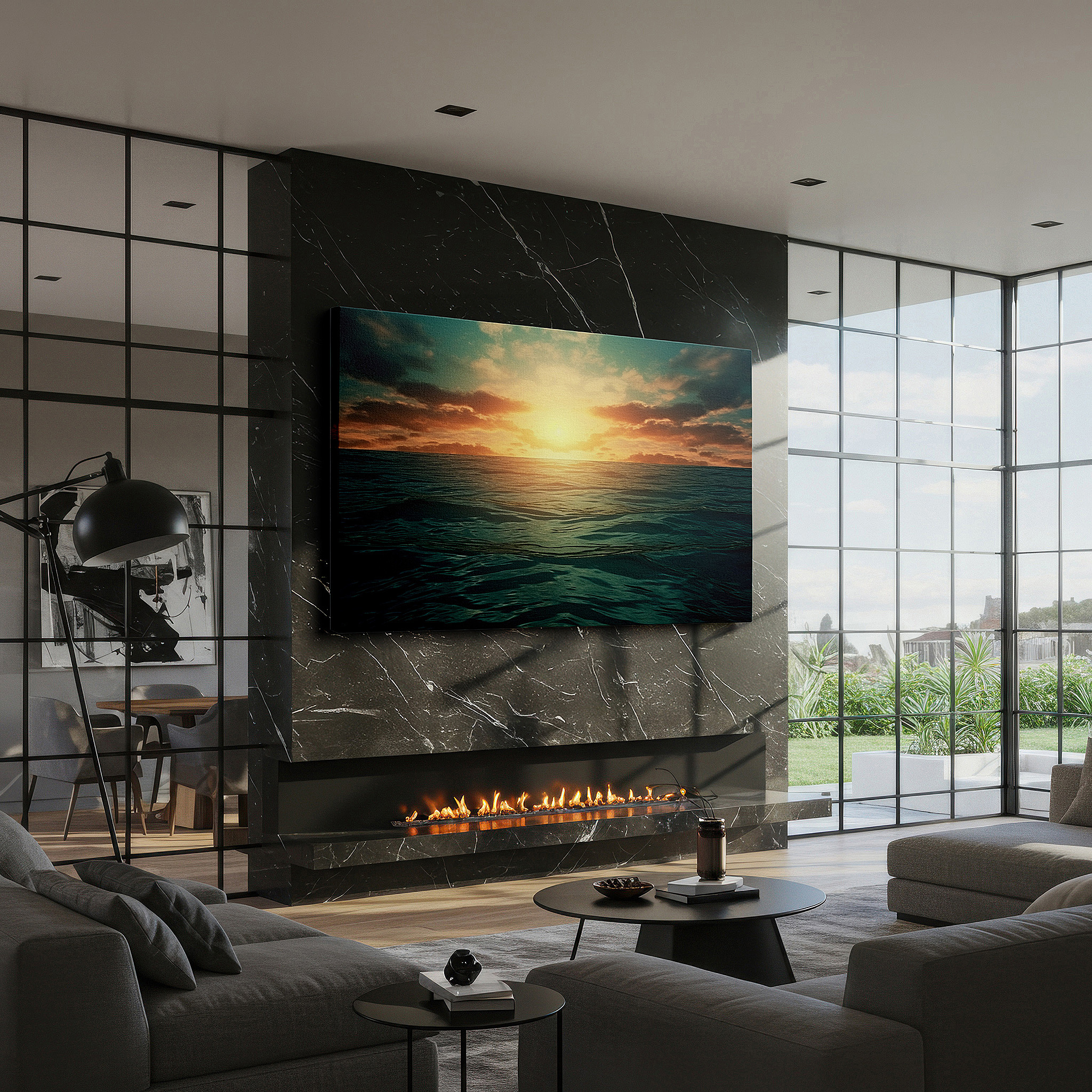 Featured in a dining room with dark wood furniture and candlelight — golden sunset and tranquil turquoise ocean large canvas wall art for office and bedroom decor