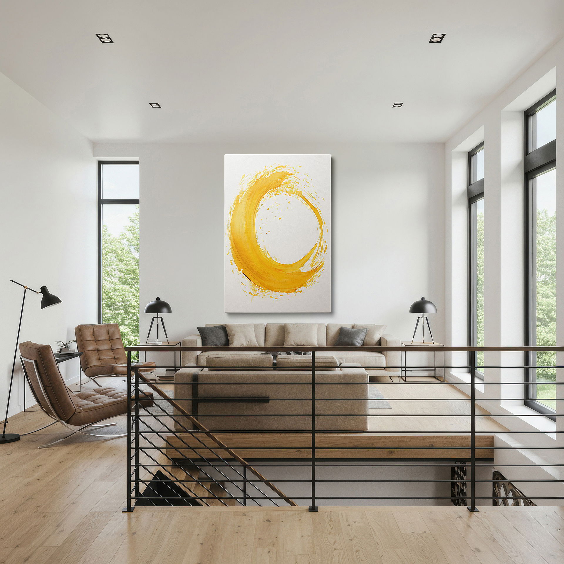 Featured in a dining room with dark wood furniture and candlelight — golden swirl of energy and creativity: a vibrant beacon of positivity - large canvas wall art for office and bedroom decor