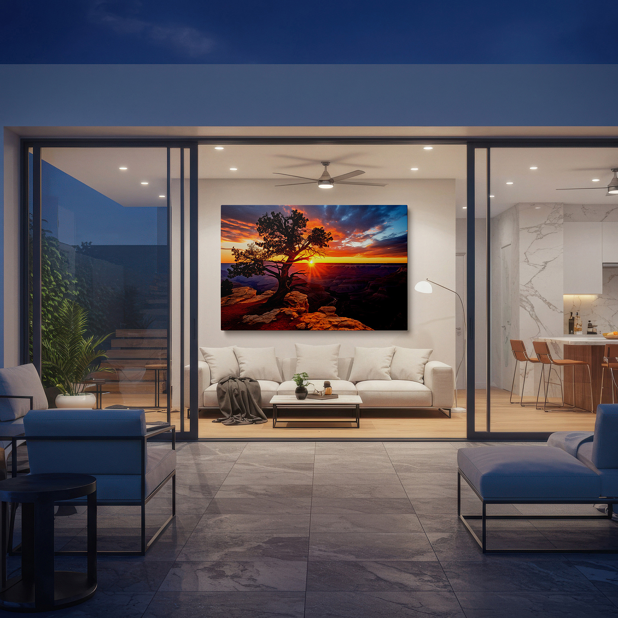 Featured in a dining room with dark wood furniture and candlelight — grand canyon sunset and silhouetted tree - nature's masterpiece large wall art, canvas wall art, wall decor for office