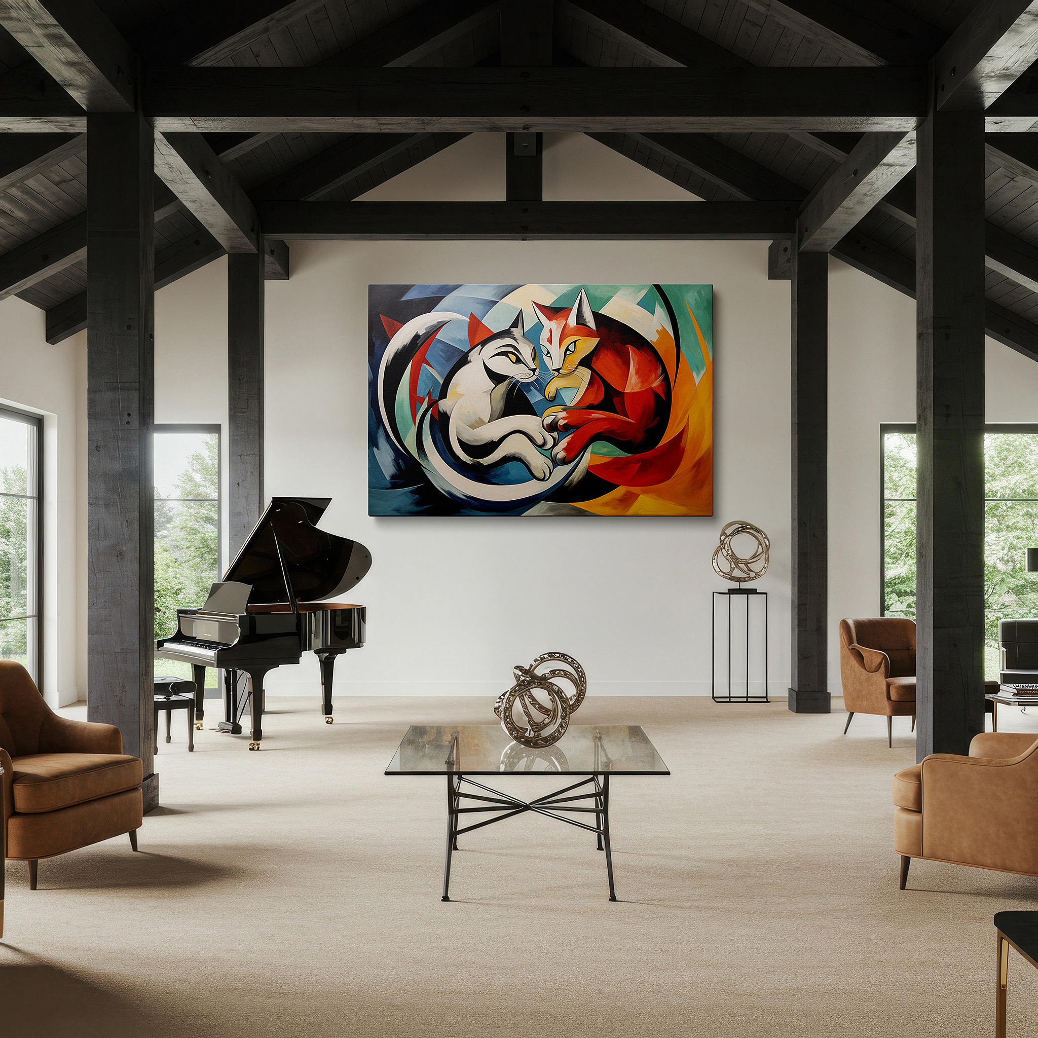 Featured in a dining room with dark wood furniture and candlelight — joyful dance of black and red cats: a kaleidoscope of joy - large canvas wall art for office, bedroom, and living room decor