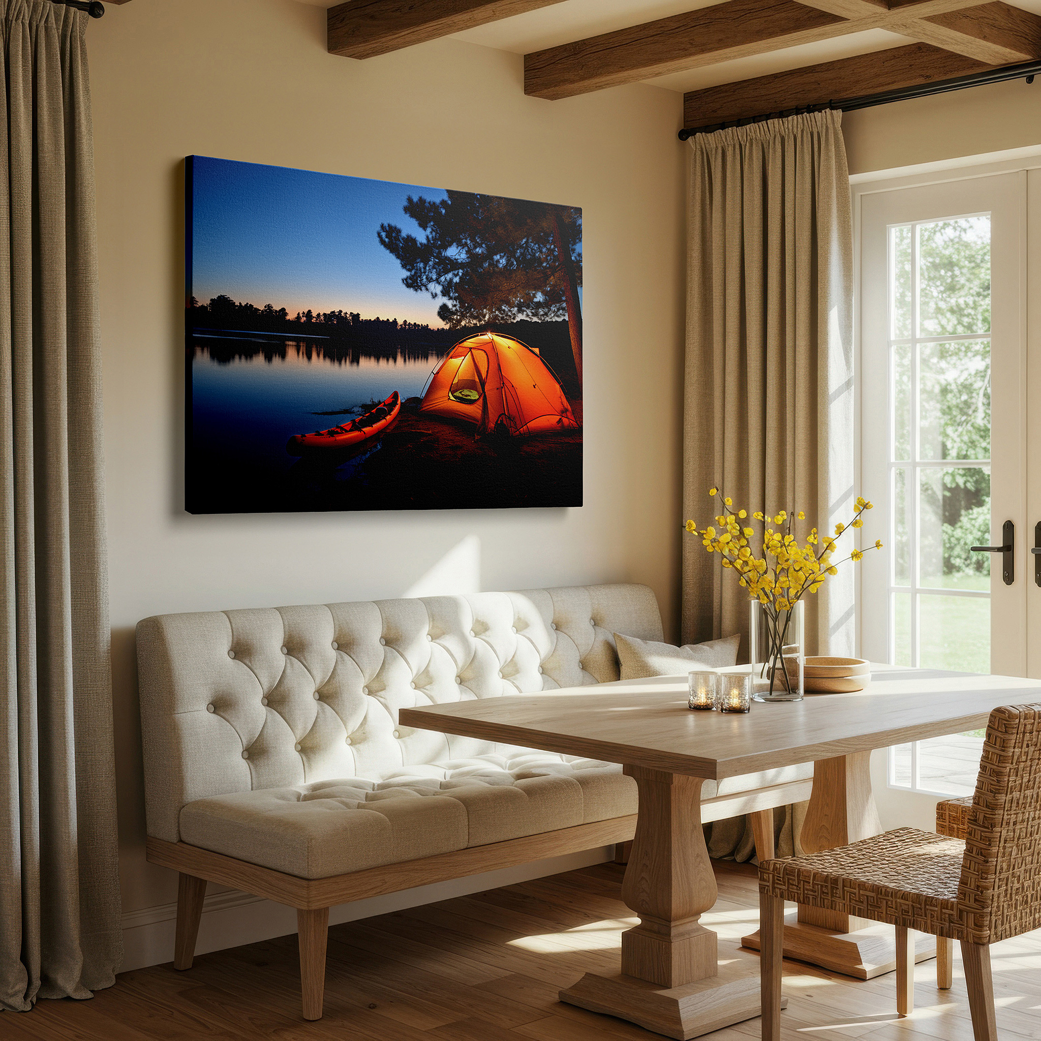 Featured in a dining room with dark wood furniture and candlelight — lakeside twilight serenity: glowing tent and resting kayak large canvas wall art for office and bedroom decor