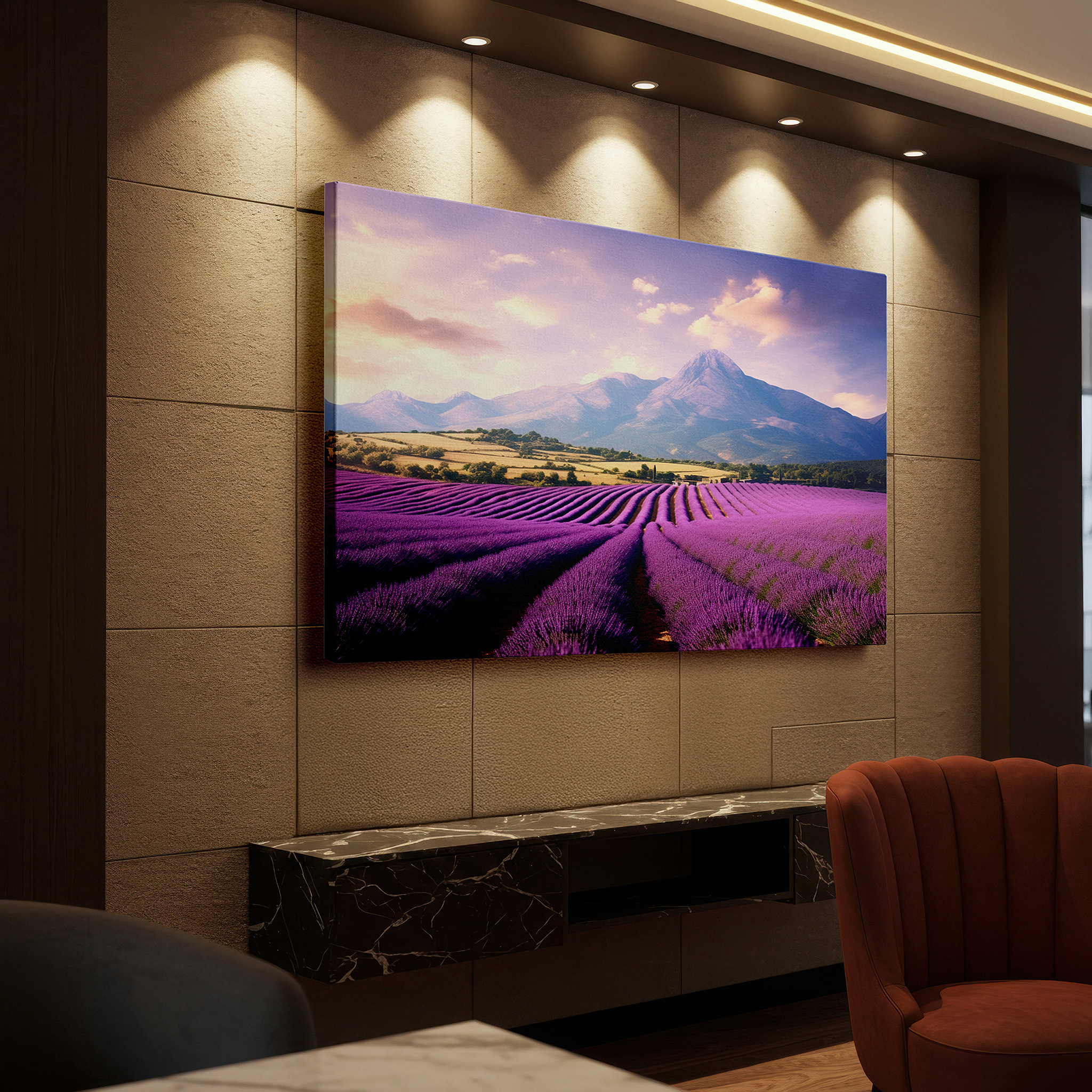 Featured in a dining room with dark wood furniture and candlelight — lavender fields and majestic mountains under a vibrant sunset sky - large canvas wall art for office and bedroom decor