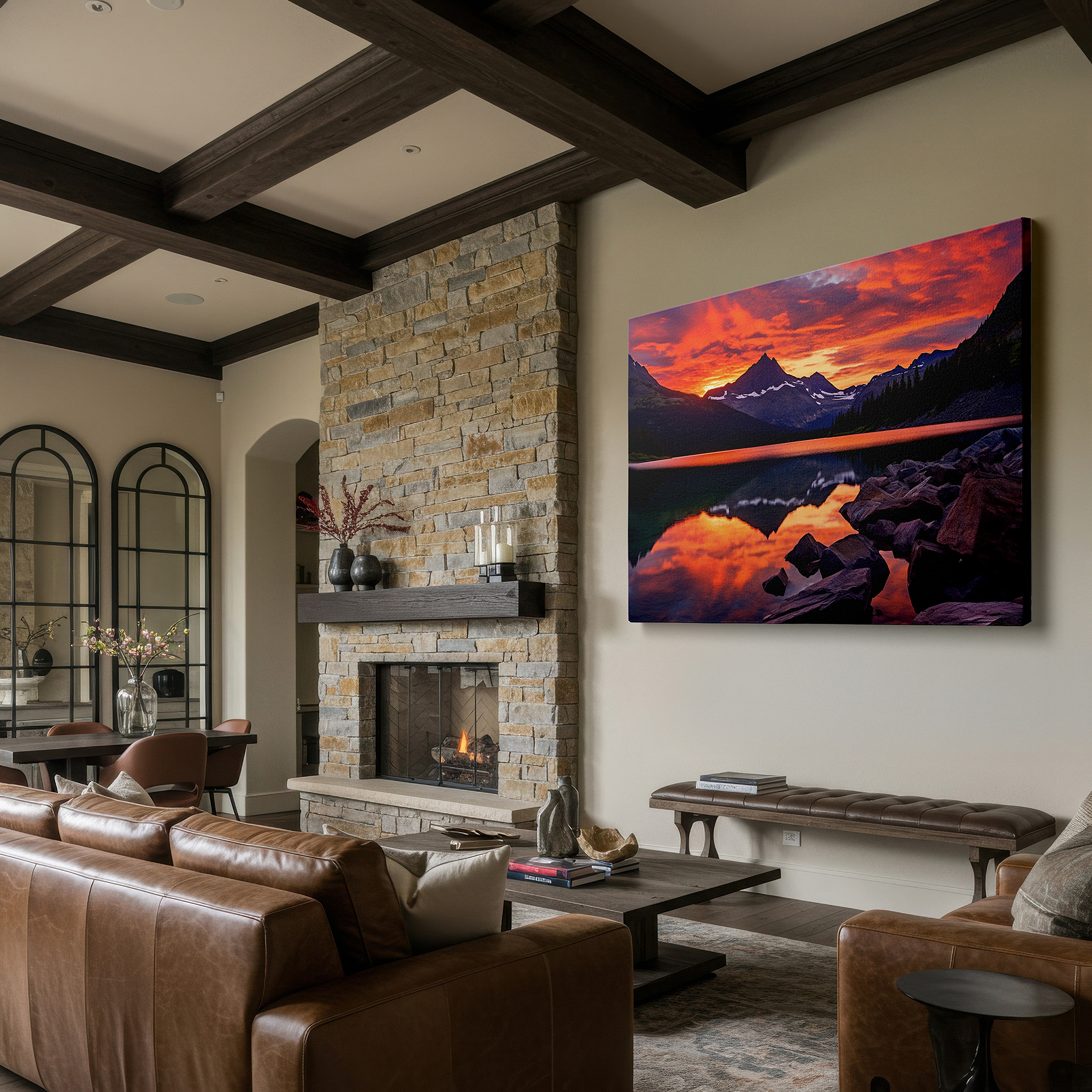 Featured in a dining room with dark wood furniture and candlelight — majestic mountain peaks reflected in tranquil waters at dawn - large canvas wall art for office and bedroom decor