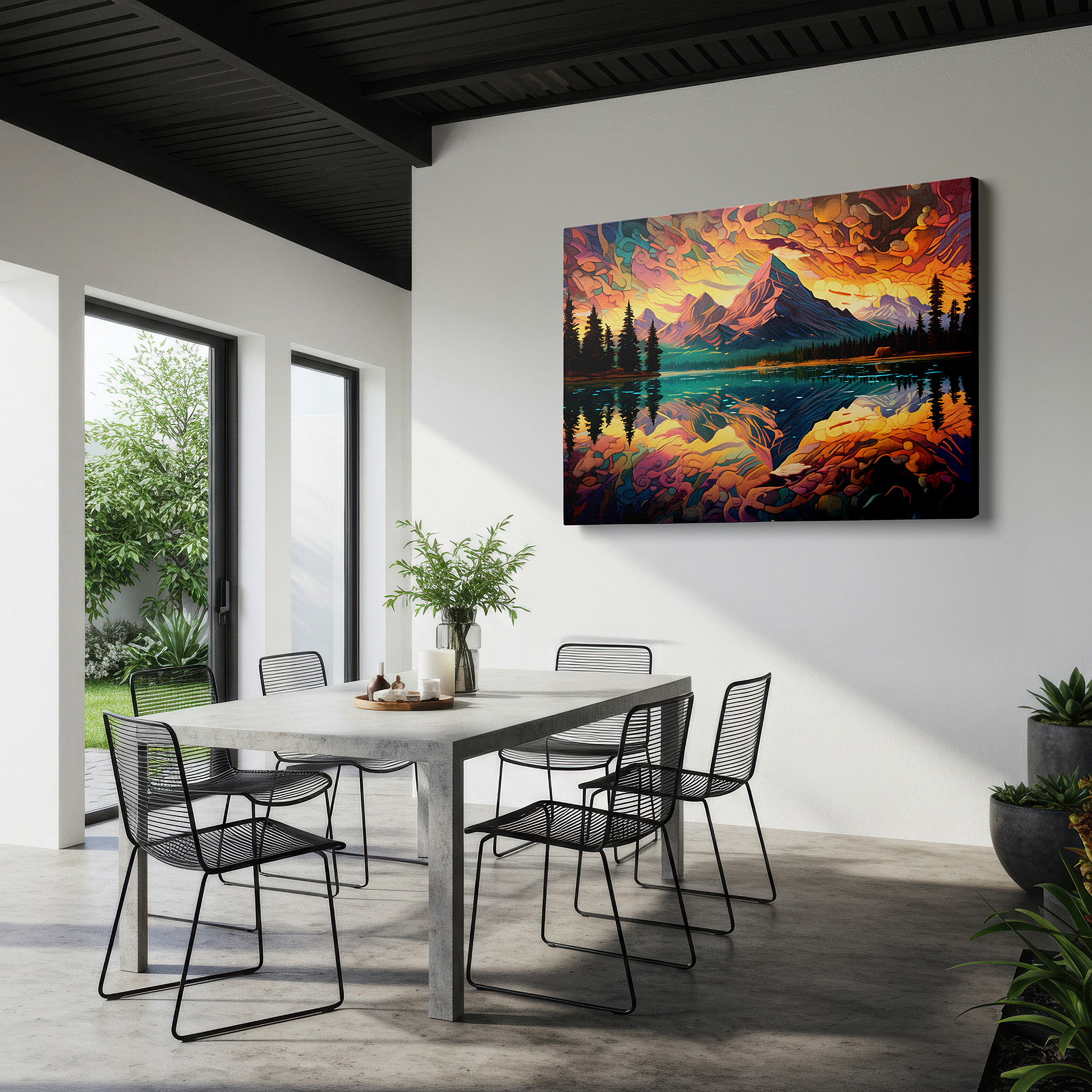 Featured in a dining room with dark wood furniture and candlelight — majestic mountains and radiant skies: a nature's grandeur canvas reflected in a sparkling lake - large wall art for office decor