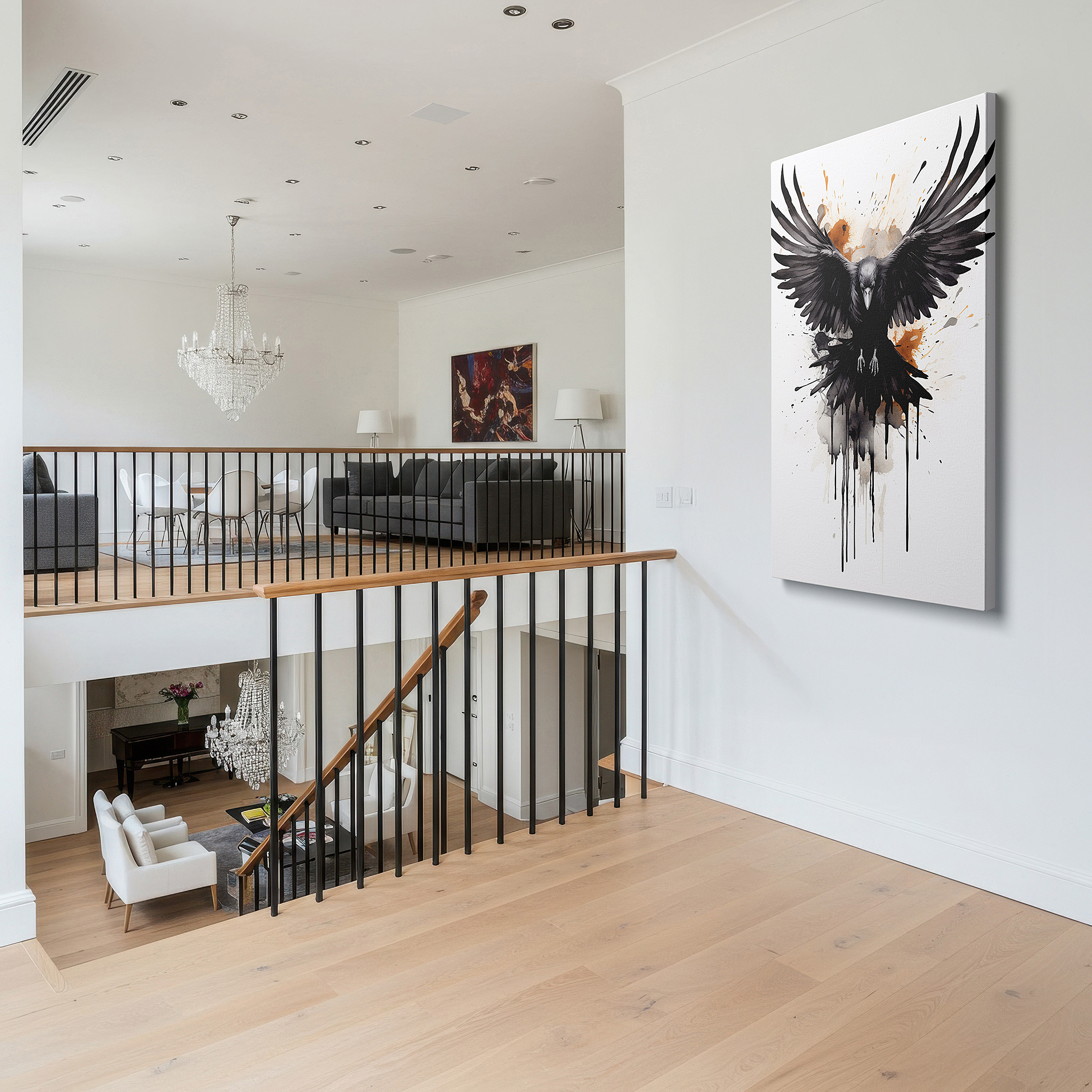 Featured in a dining room with dark wood furniture and candlelight — majestic raven in flight depicting freedom and power against a stormy abstract sky - large canvas wall art for office decor