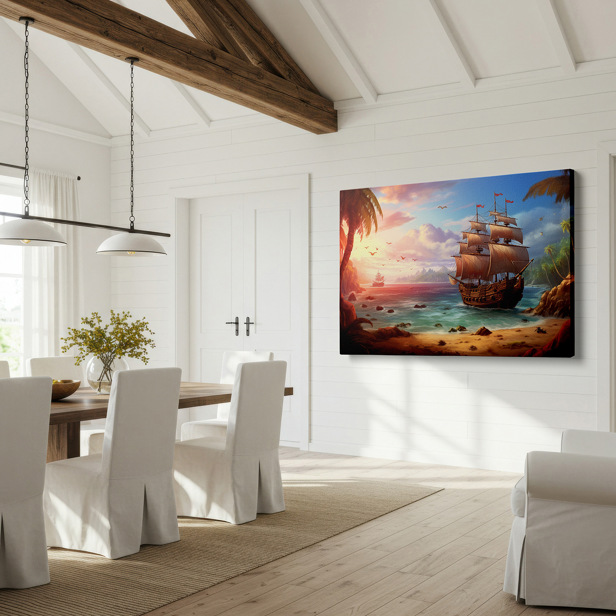 Featured in a dining room with dark wood furniture and candlelight — majestic sailing ship at sunset canvas print, navigating tropical waters under golden skies, large wall decor for office and bedroom