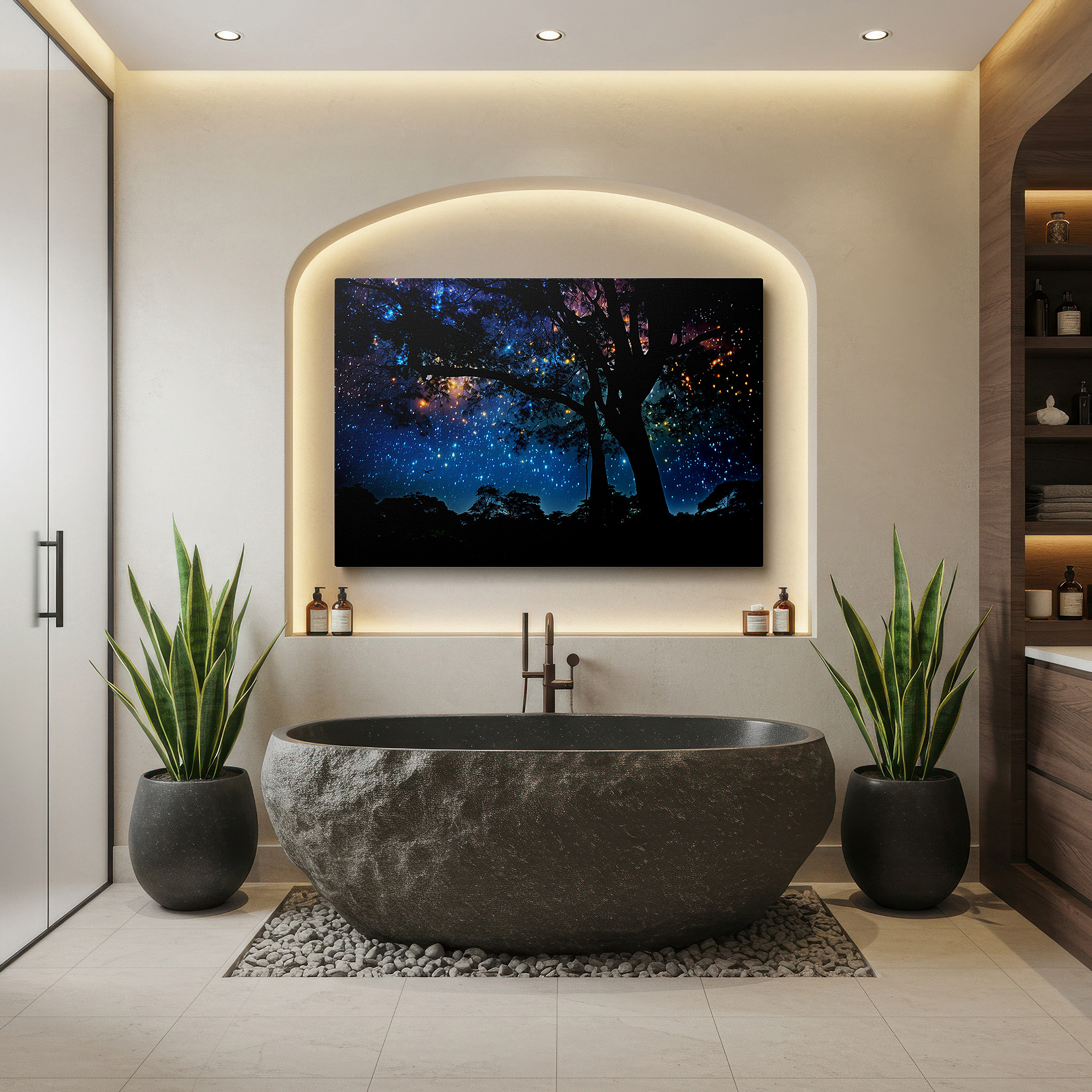 Featured in a dining room with dark wood furniture and candlelight — majestic tree silhouette against a starry sky: a gateway to the infinite cosmos - large canvas wall art for home and office decor